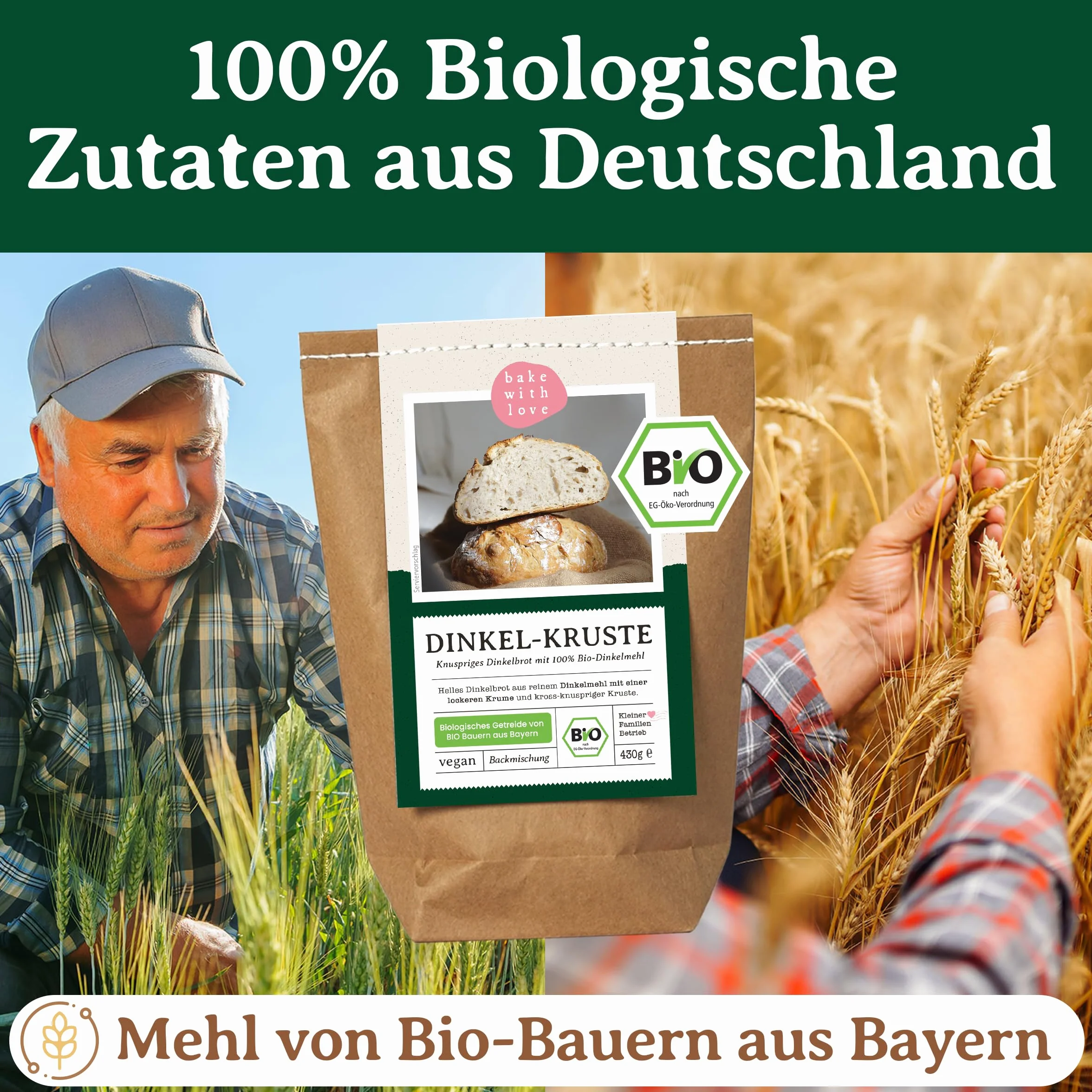 Bake with Love Bio Dinkel Brotbackmischung Dinkel-Kruste - 100% Dinkelmehl ohne Weizen - Brot backen mit Sauerteig - ohne Zusatzstoffe - für Brotbackautomat & Ofen - 1er Pack