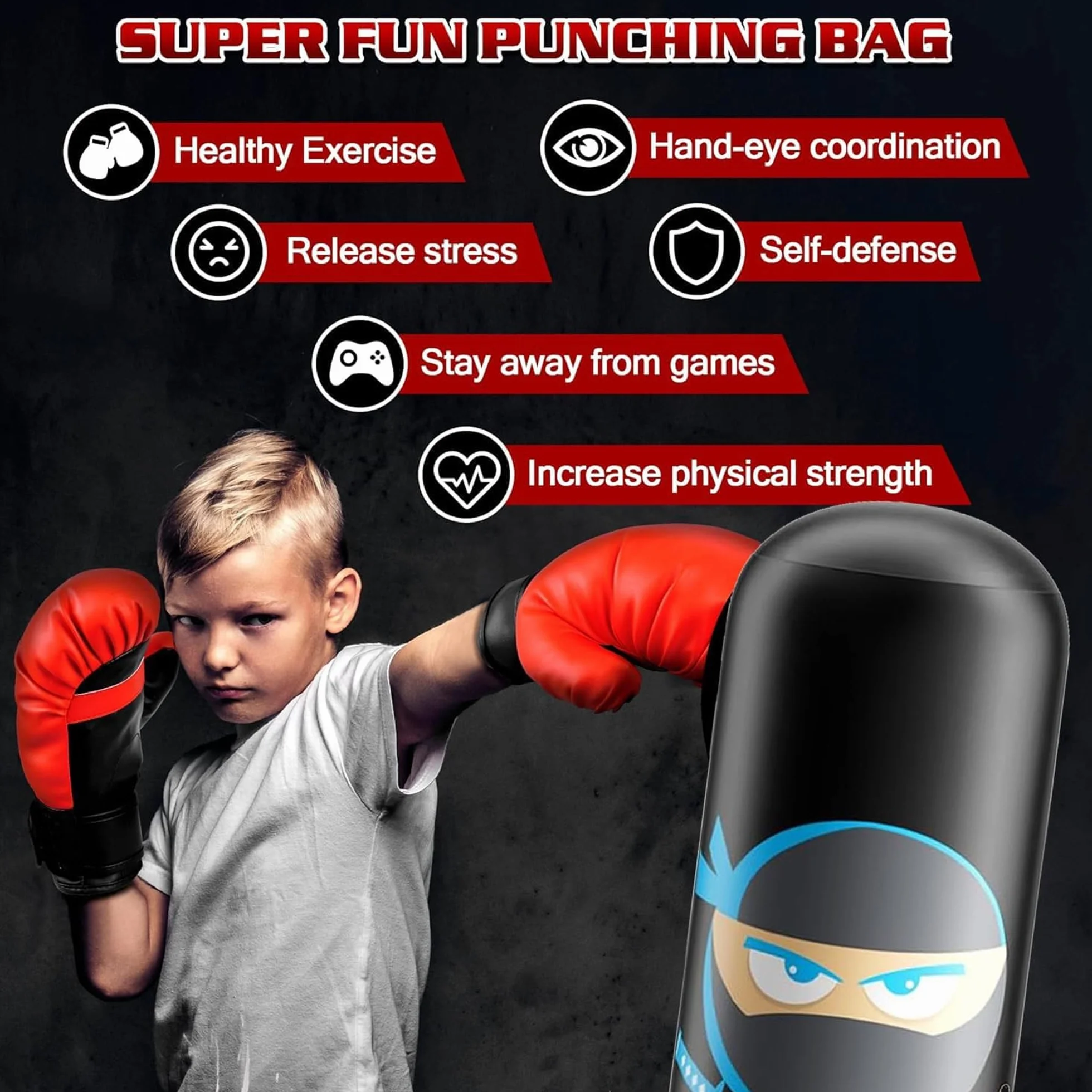 Saco de Boxeo Hinchable 160cm con Guantes Ninja para Niños Karate Taekwondo MMA