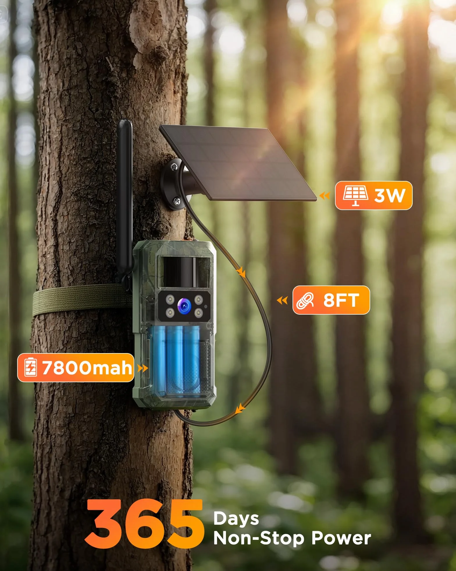 BECAMSO 4G LTE Cámara de Caza Solar 2.7K HD Visión Nocturna Color 8000 mAh IP66 Impermeable