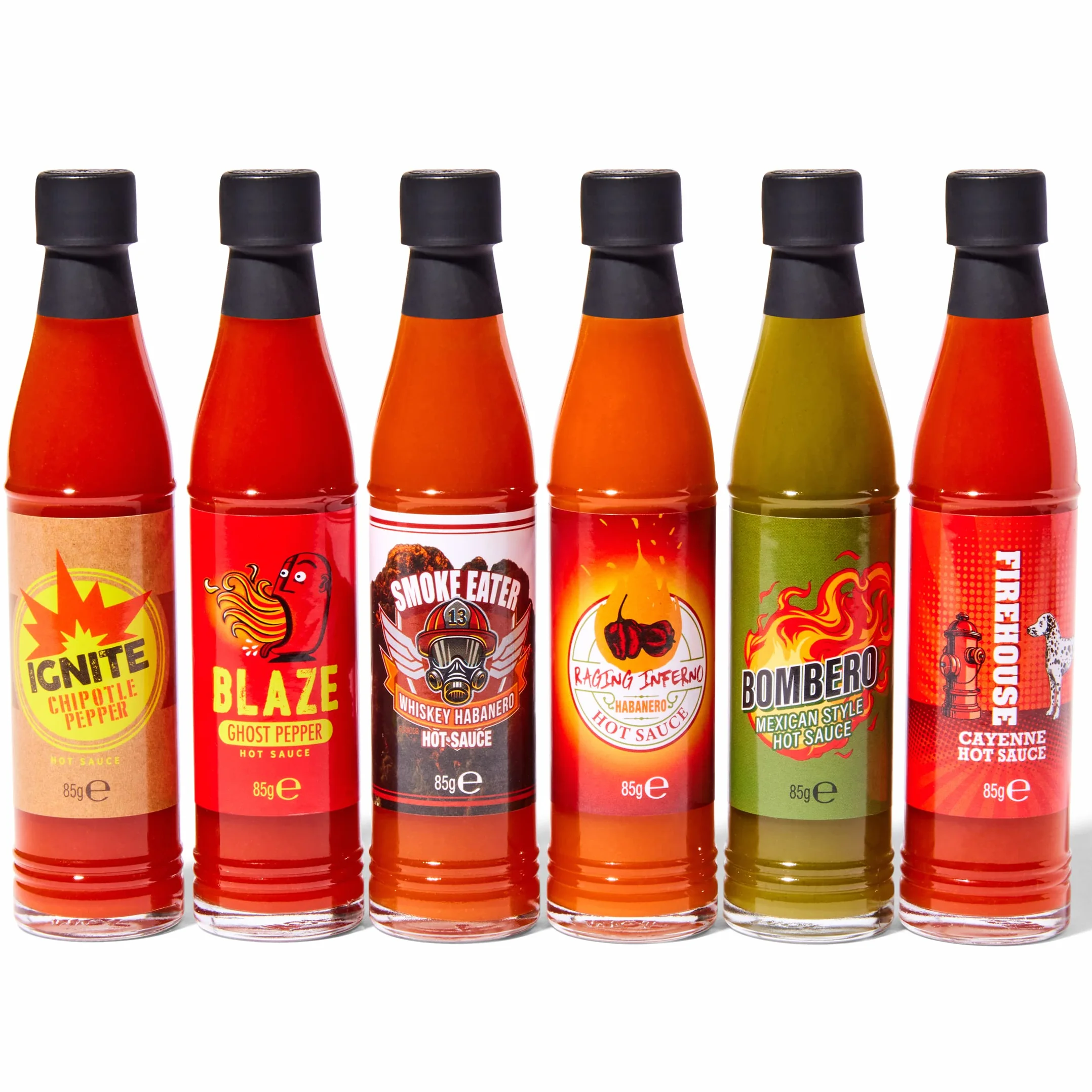 Thoughtfully Gourmet – Set de 6 Salsas Picantes – Regalo para Hombre – Ghost Pepper, Cayena, Chipotle – Pack Salsas Picantes en Camión de Bomberos – Regalo Barbacoa – 6 x 85 g