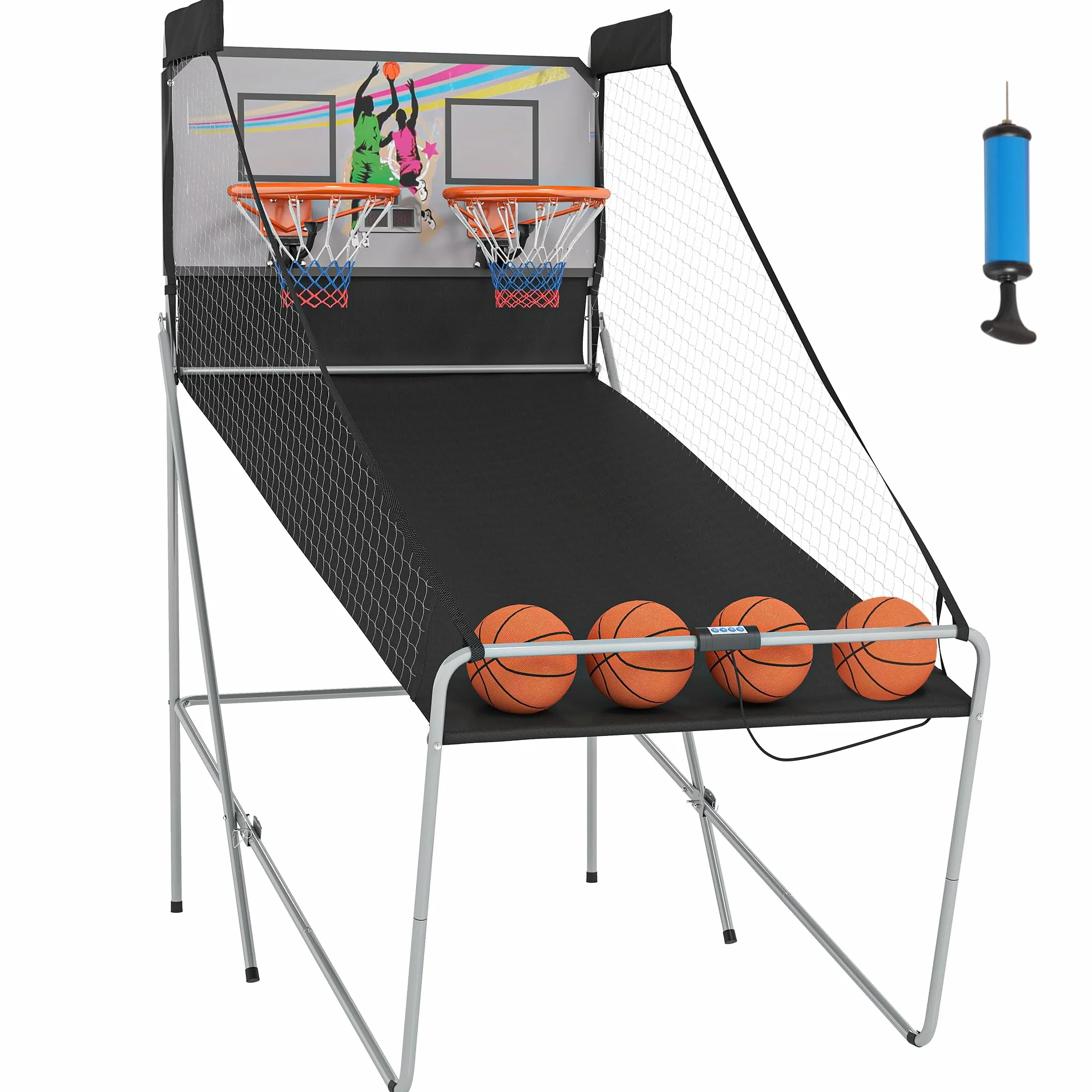 HOMCOM Juego de Canastas Plegable, Máquina de Baloncesto con Contador y Marcador Electrónico, Acero, 205x110x205 cm