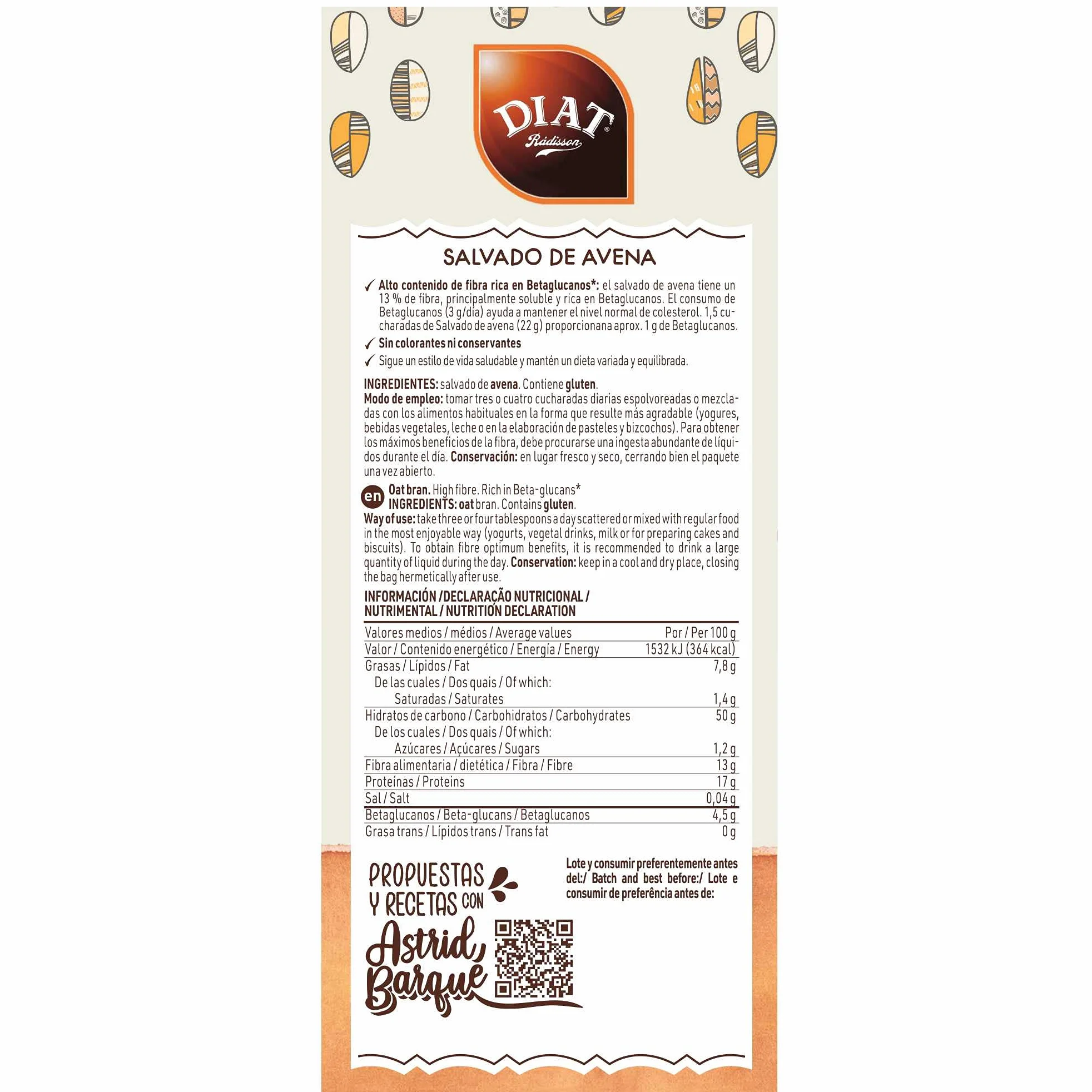 DIAT Radisson - Salvado de Avena sin Azúcar | Alto Contenido en Fibra y Betaglucanos | Salvado de Avena Natural | sin Azúcares Añadidos