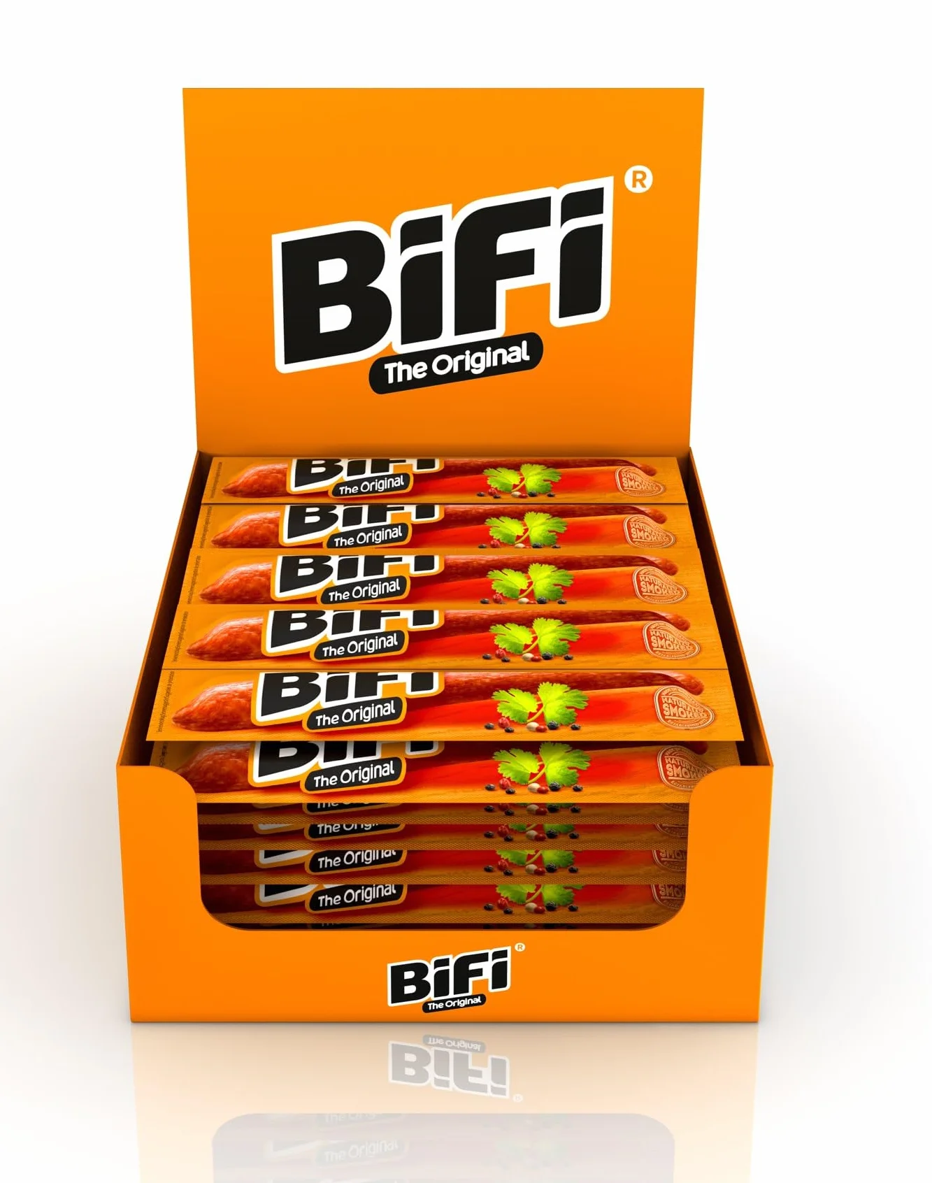 BiFi Original Tiras de salami, paquete de 64, 64 x 18,5 g, salchichón desecado para comer sobre la marcha, al aire libre, pimienta, cilantro y ajo, caja óptima para aperitivos