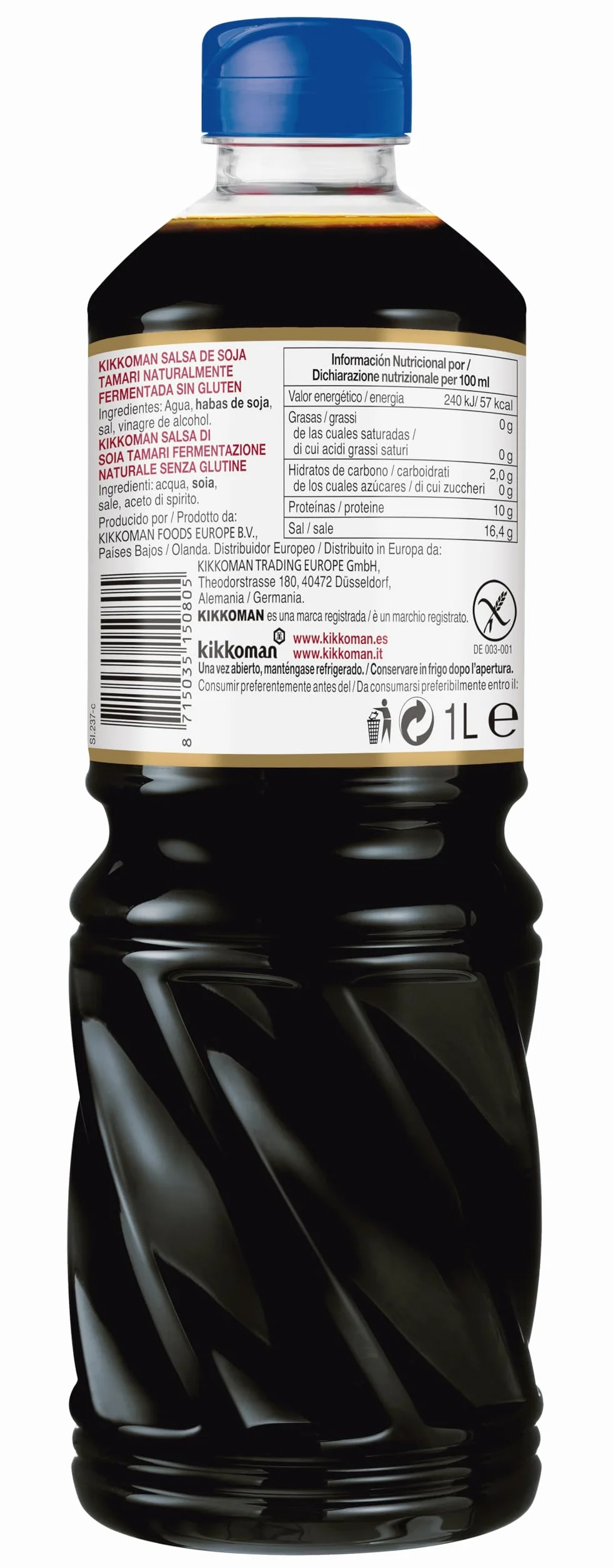 Kikkoman - Salsa de Soja sin Gluten, Fermentación Natural, Halal y sin Gluten, 1000ml