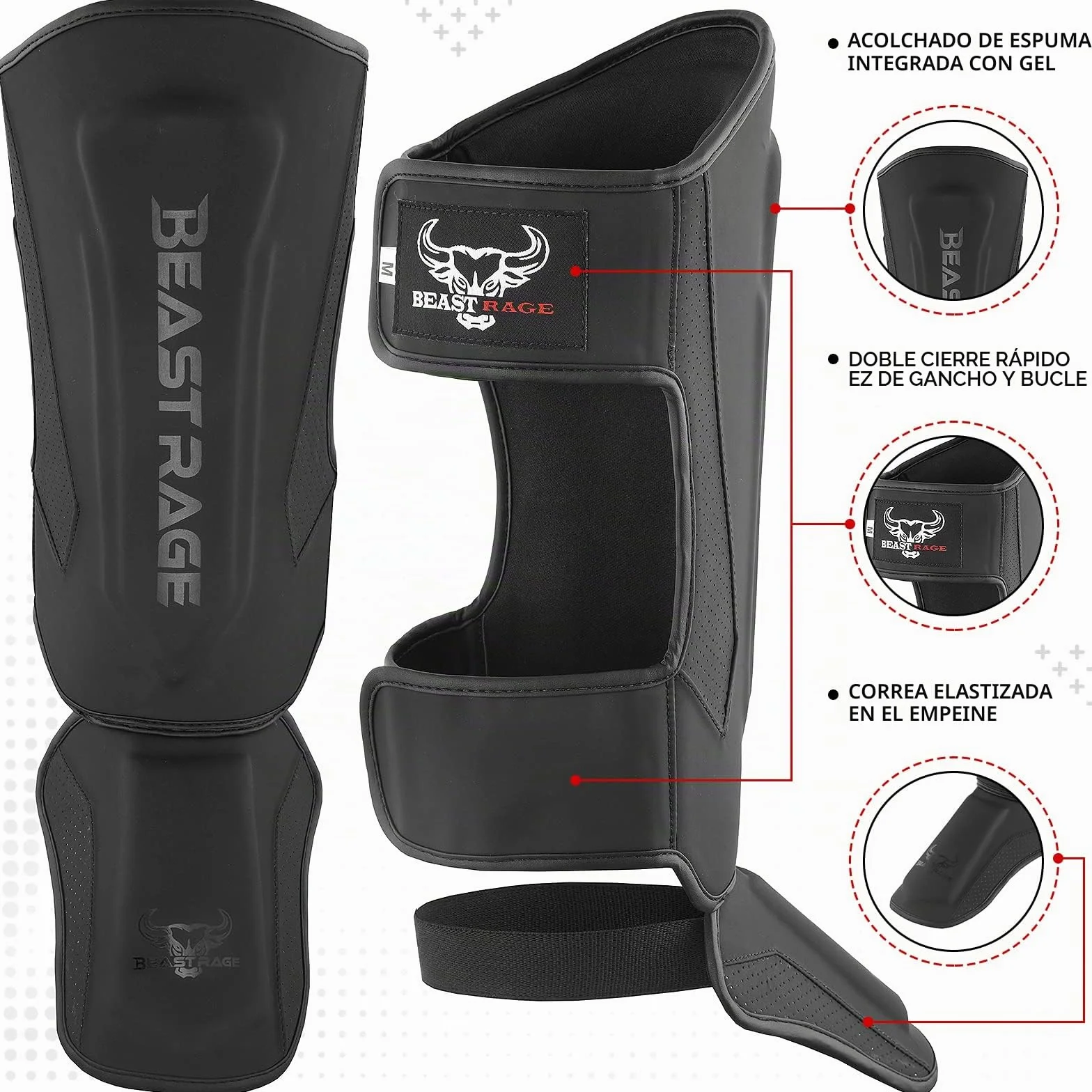 BEAST RAGE Espinilleras Kickboxing Muay Thai MMA Protector Piernas Empeine Entrenamiento