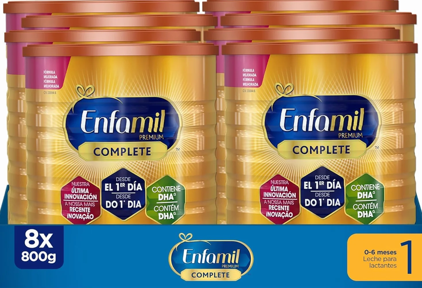 Enfamil Pack x8 Complete 1 Leche infantil para lactantes de 0 a 6 meses de edad, fórmula para bebés recién nacidos, Pack de 8 x 800 gr