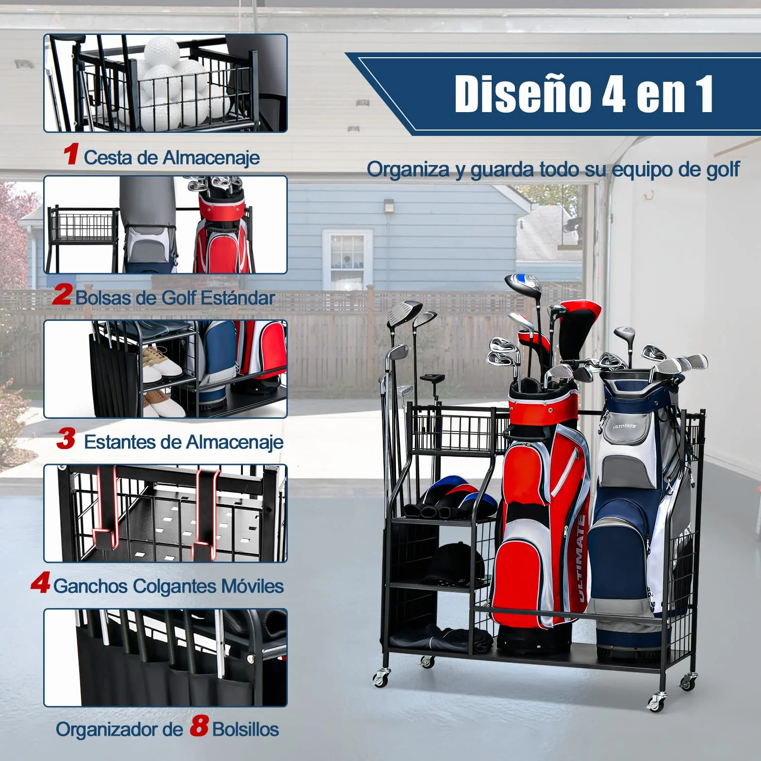 COSTWAY Estante de Almacenamiento para Bolsa de Golf con Ruedas Bloqueables