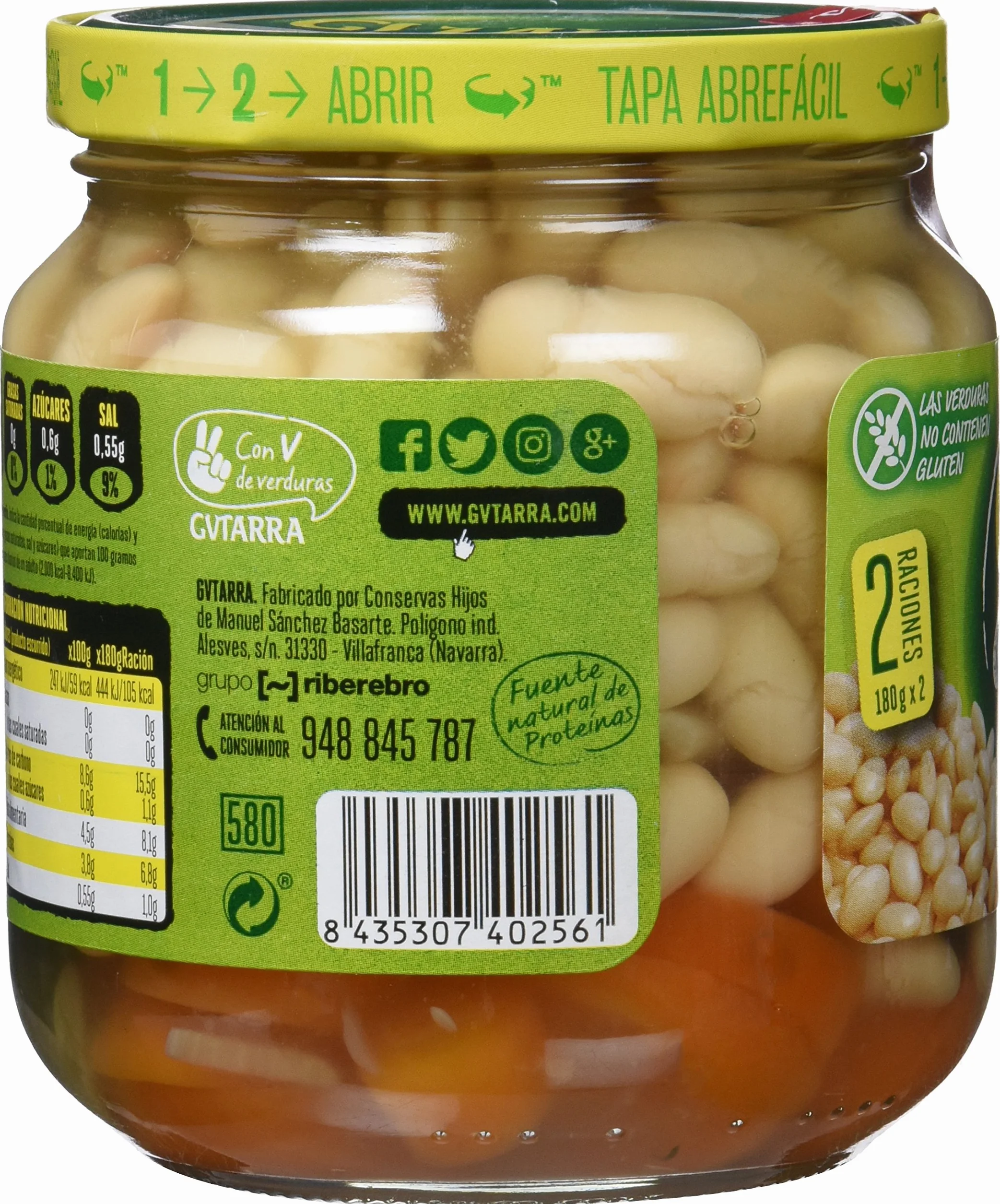 Gvtarra Tus Primeros Alubia Blanca, Puerro, Calabacín y Zanahoria. Legumbre - Paquete de 6 x 360 gr - Total: 2160 gr