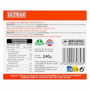 Hummus de garbanzos Hacendado receta clásica Tarrina 240 g Pack 2