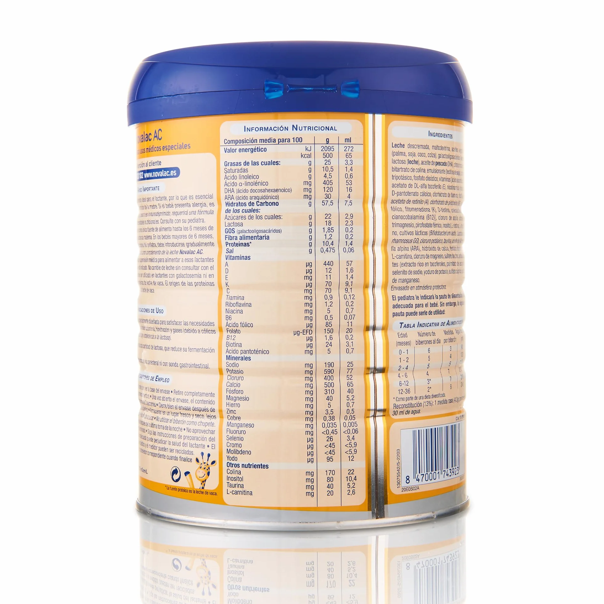 Novalac AC Leche en Polvo 0-36 Meses Bajo Contenido en Lactosa 800 g Fórmula Infantil