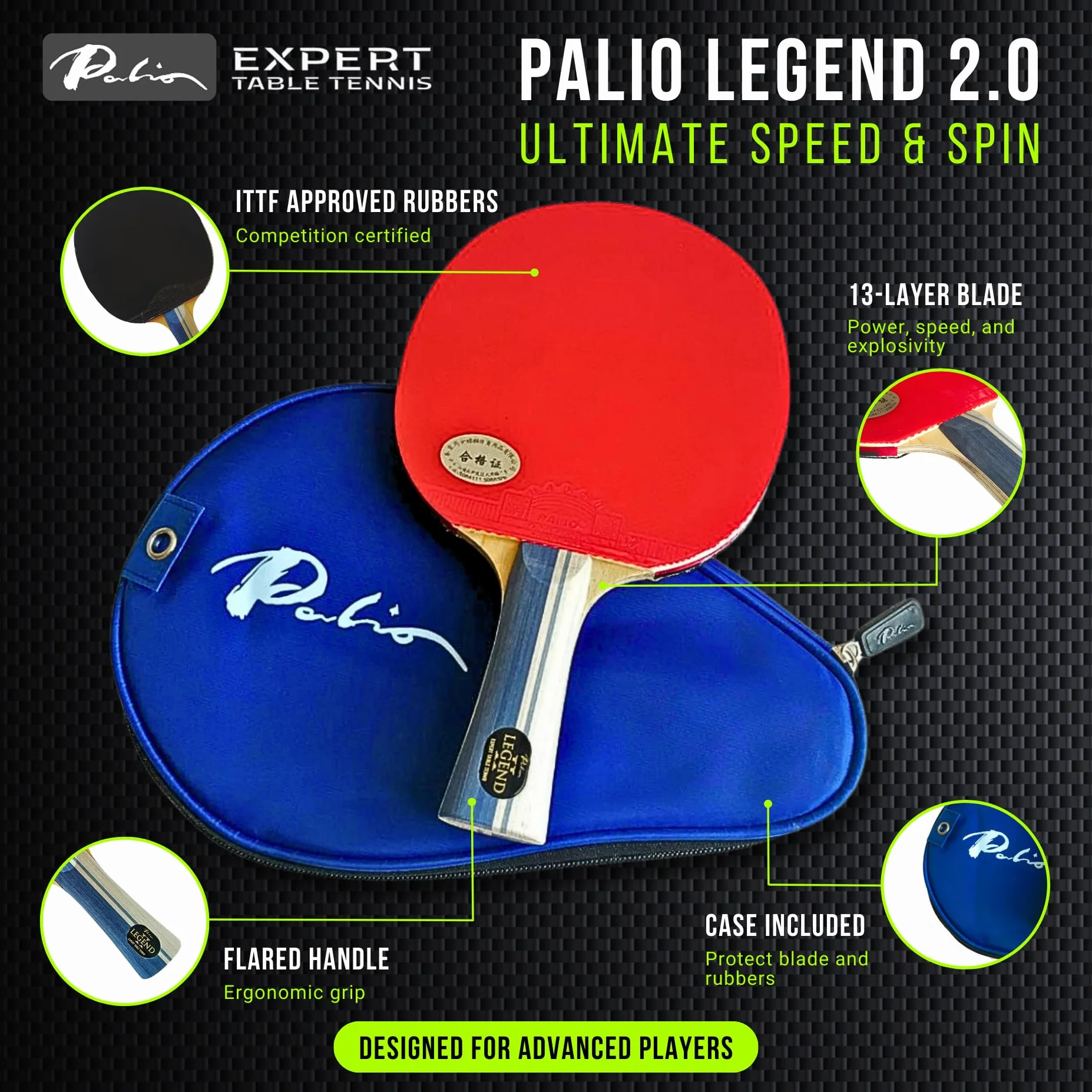 Palio Legend 2.0 Pala de Tenis de Mesa ITTF Avanzada Máxima Potencia Velocidad Giro