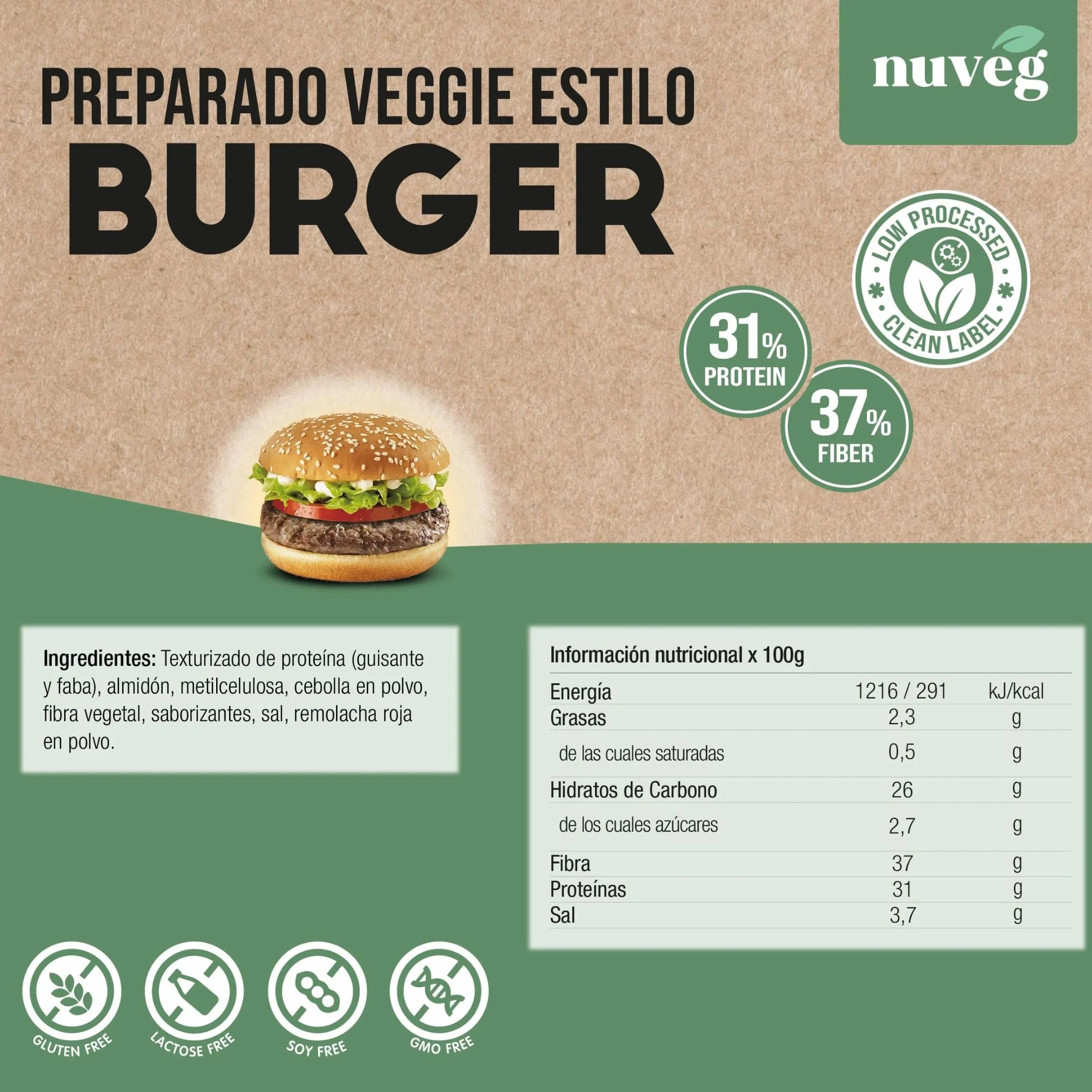 NUVEG Preparado Veggie para Hamburguesa Vegetal, Dieta Vegana y Vegetariana, Alto en Proteínas y Fibra, Sin Gluten y Sin Lactosa, Comida Preparada en Conserva, Fácil y Rápida, Pack 2, 270g