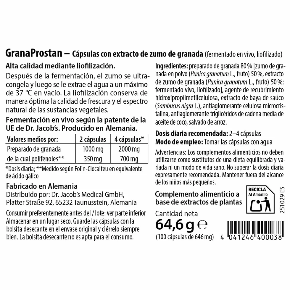 Dr. Jacob’s GranaProstan Fermentado 100 Cápsulas 700 mg Polifenoles Punicalagina Extracto de Granada