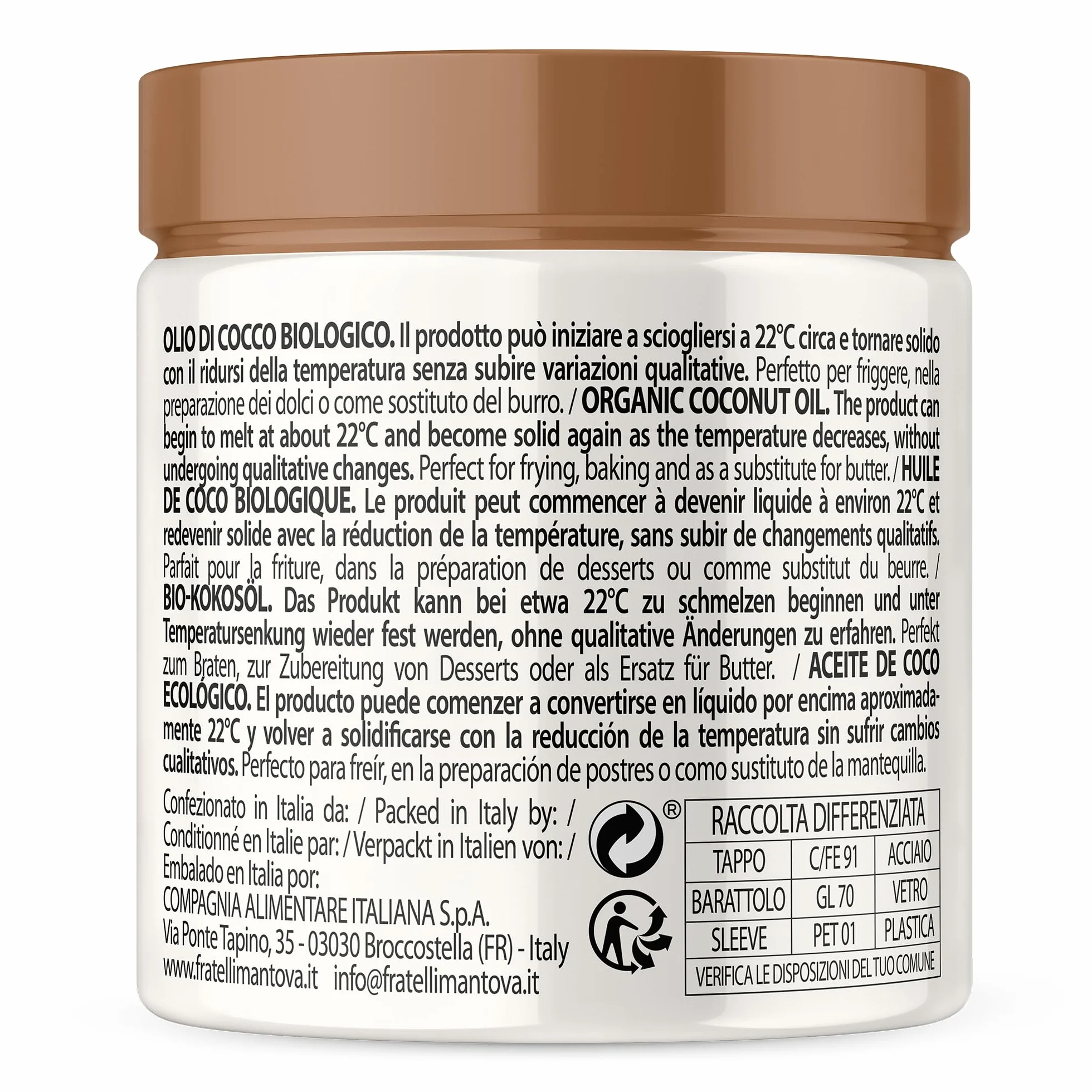 Mantova Aceite de Coco Orgánico en Tarro 200ml – Natural, Vegano, Saludable – Para Cocina, Horno, Sartén, Smoothies y Snacks – Energía y Bienestar – Idea de Regalo
