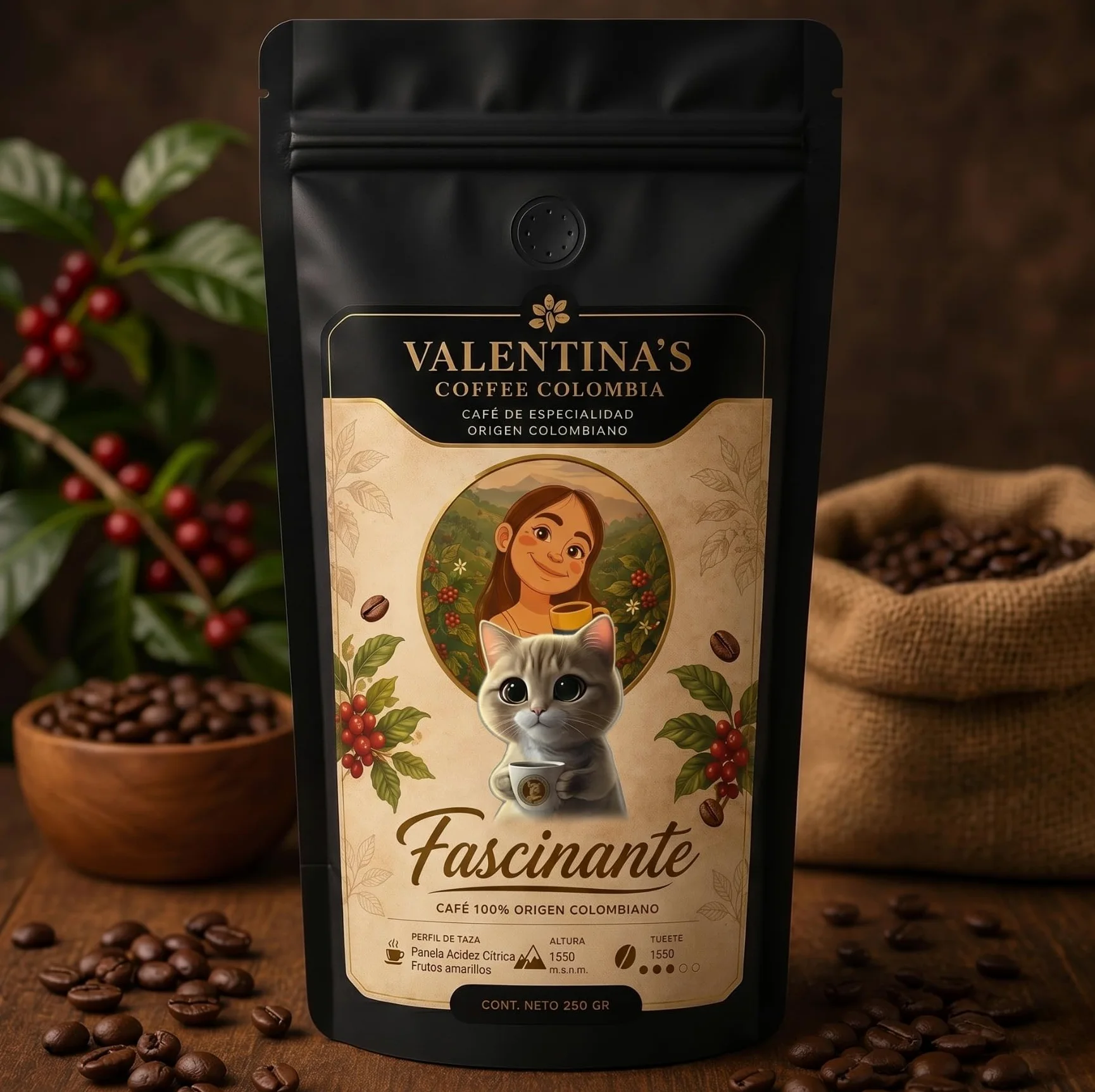 Valentina's Coffee | Fascinante | 1000 gr | En Grano | Sabor Dulce de panela, frutos amarillos y acidez citrica brillante | Intensidad Media | 100% Café Colombiano de Especialidad