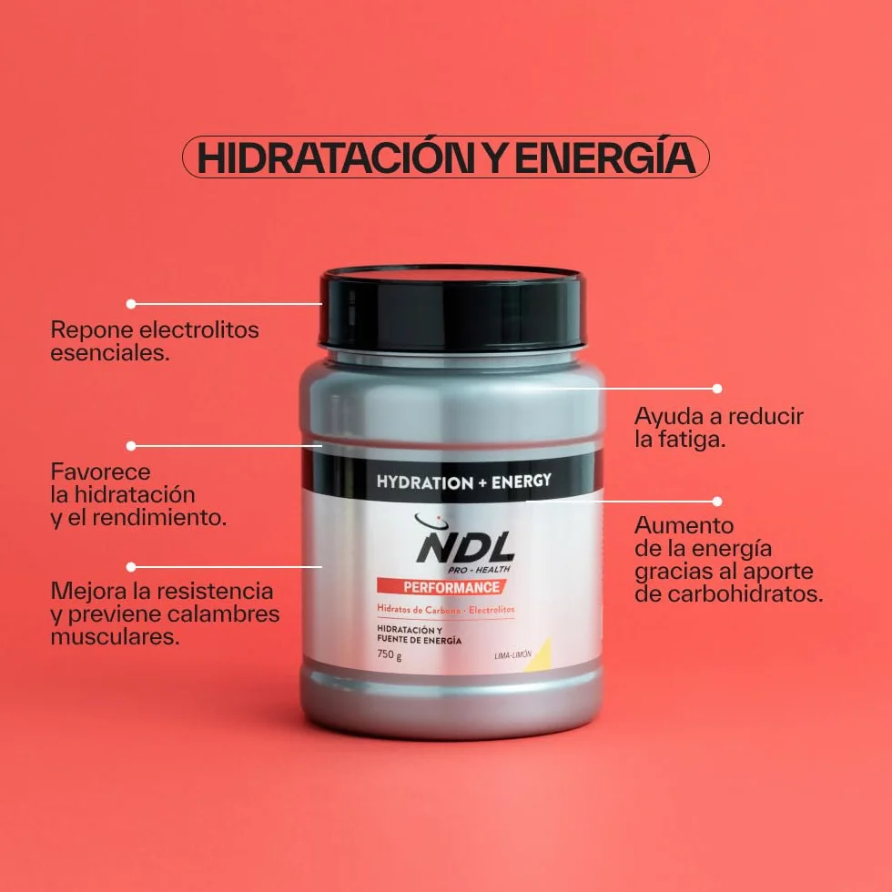 NDL Pro-Health Hydration energy | Bebida Isotónica de hidratación rápida con electrolitos en polvo y sales minerales para el deporte | Reduce el cansancio y la fatiga | Lima-Limón | 750g