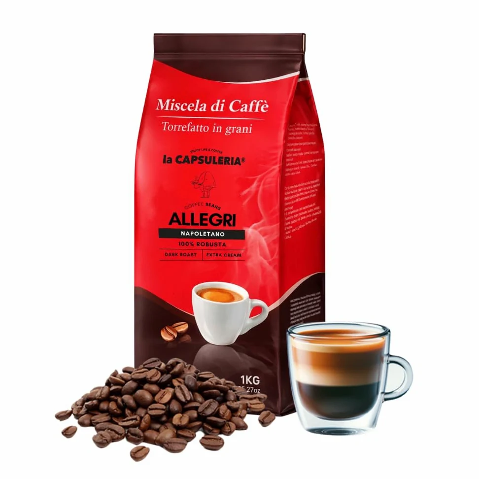 CAFÉ EN GRANO ALLEGRI NAPOLETANO (6 kg) - 100% Robusta | Pack 6 kg (6 x 1 kg) | Café en grano 100% Robusta, tostado en Italia, fuerte, intenso y con cuerpo