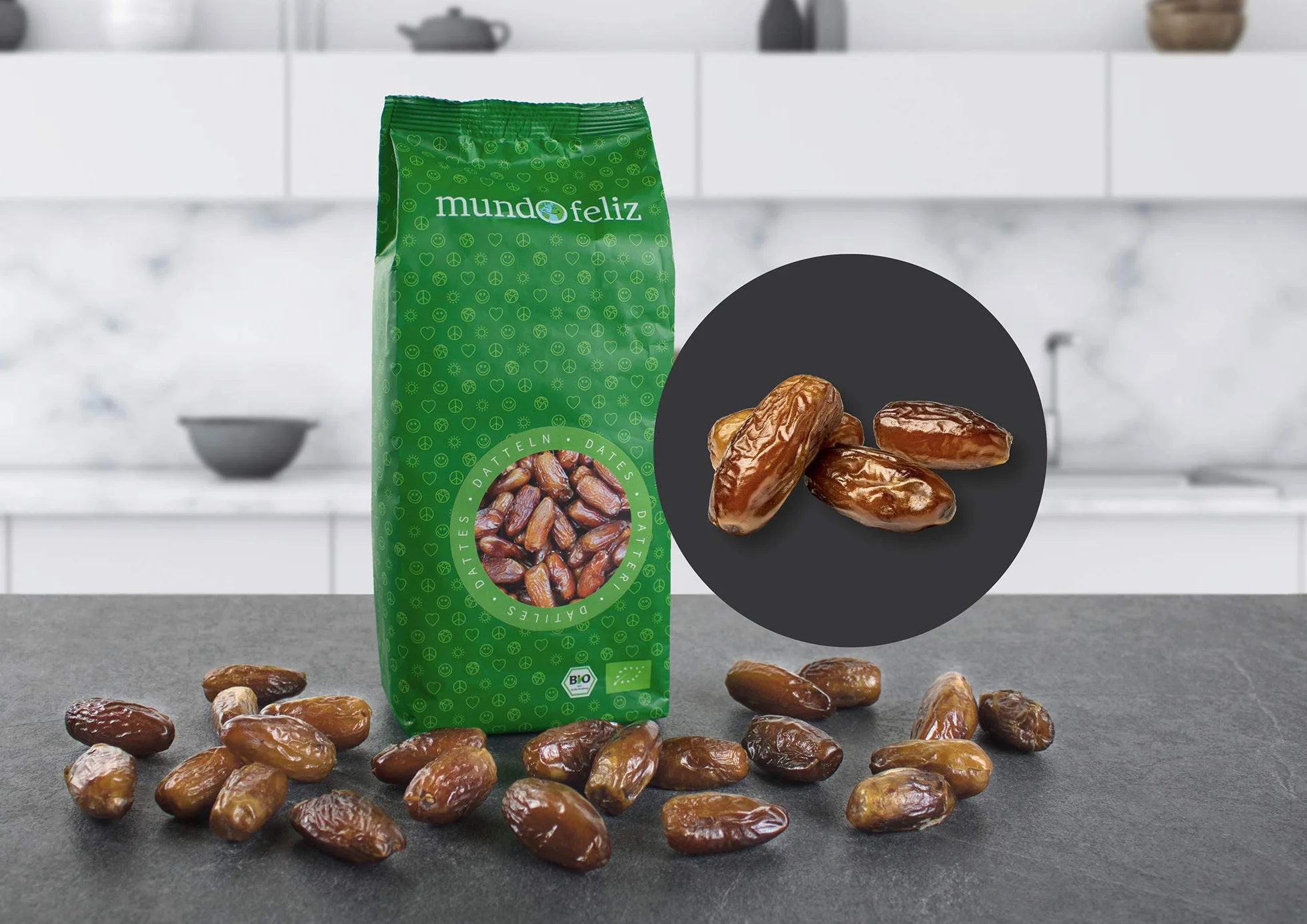 Mundo Feliz - Dátiles ecológicos secos sin hueso, 2 bolsas de 500 g