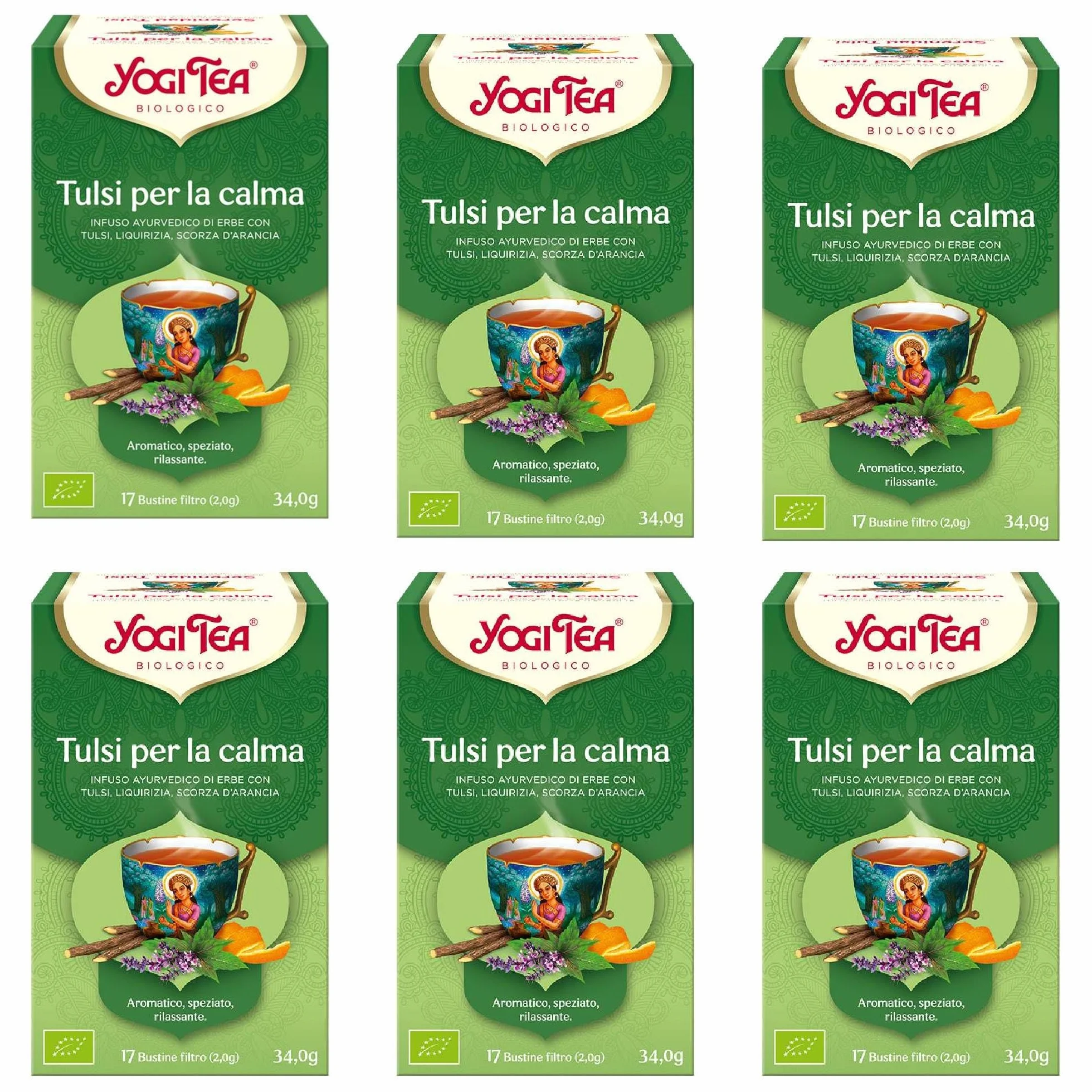Yogi Tea, Té, Serenidad Tulsi Bio, Infusión Ayurvédica, Sin Cafeína, Mezcla de Albahaca, Regaliz y Naranja - Pack de 6x17 bolsitas (102 bolsitas en total)