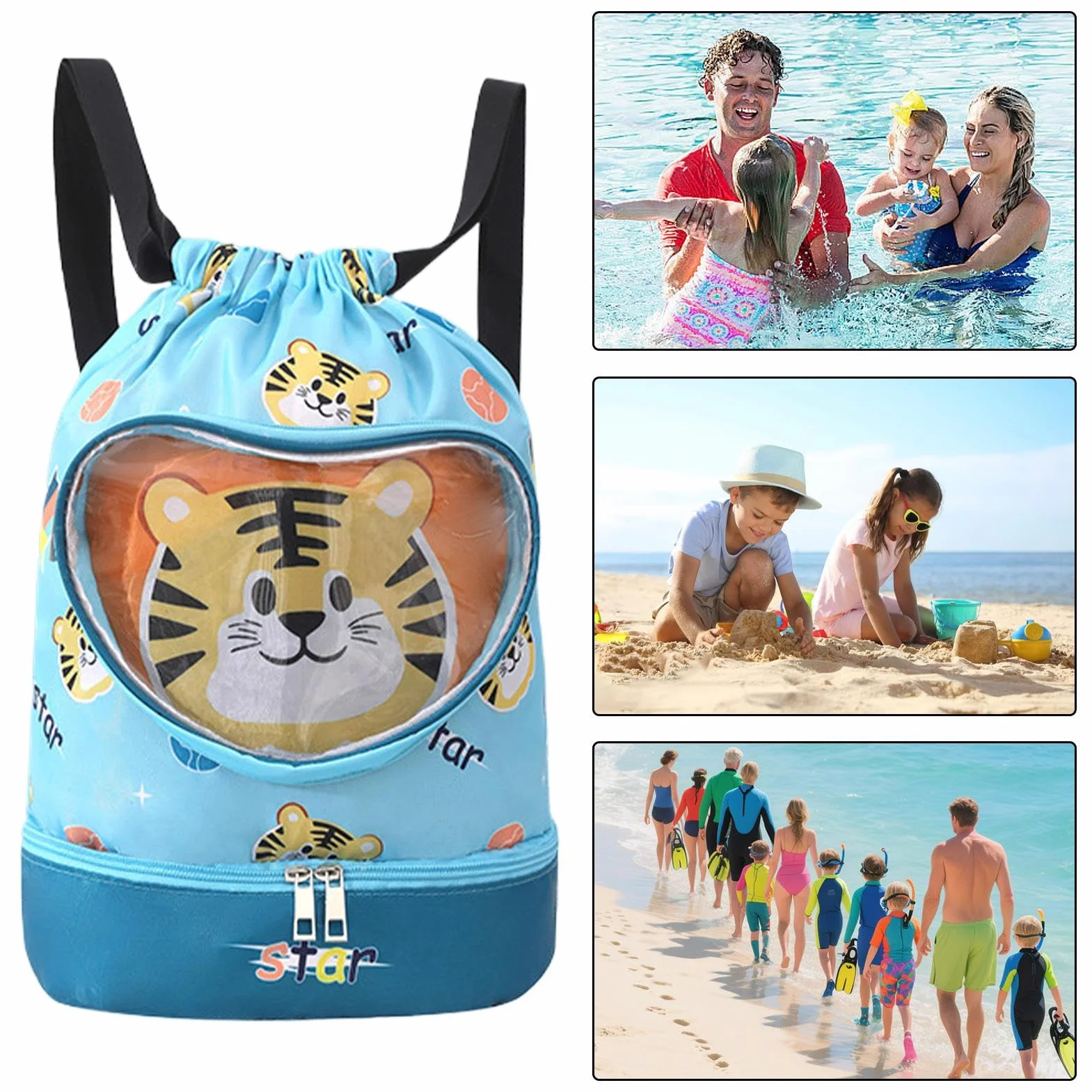 Mochila Impermeable para Niños Bolsa de Natación Compartimento Seco/Húmedo Ligera Cordón Playa Piscina Viajes