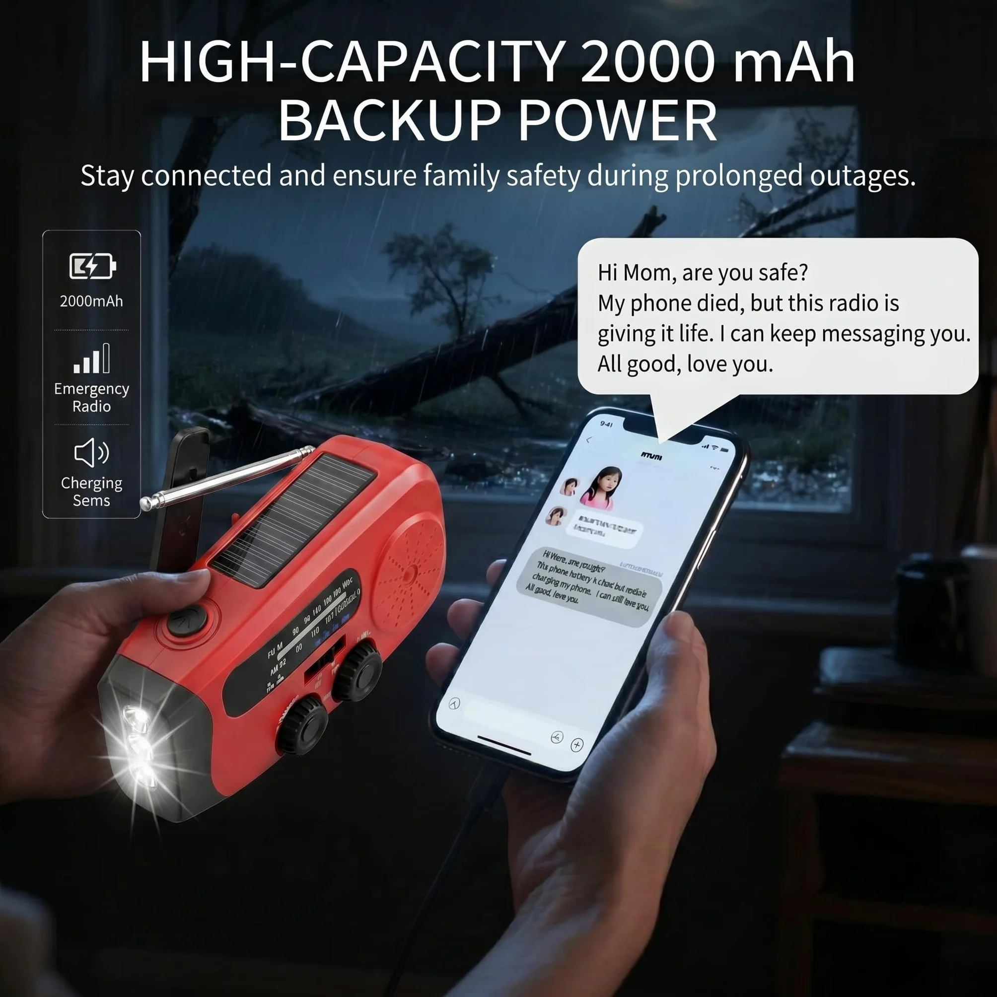 Radio Portátil de Emergencia Solar con Powerbank 2000mAh y Linterna LED, SOS-Alarm para Camping y Huracán