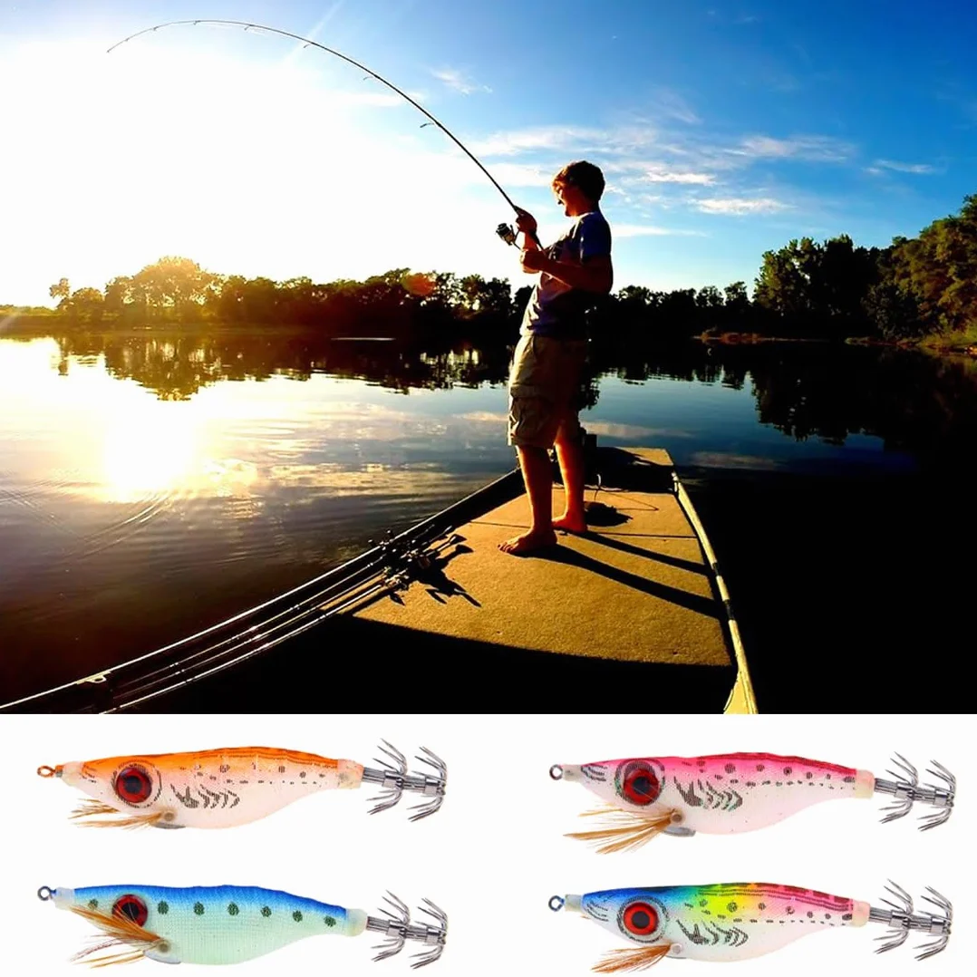 Señuelos de Pesca Artificial Calamar 4 Piezas Kit Cebo Duro Hundimiento Profundo