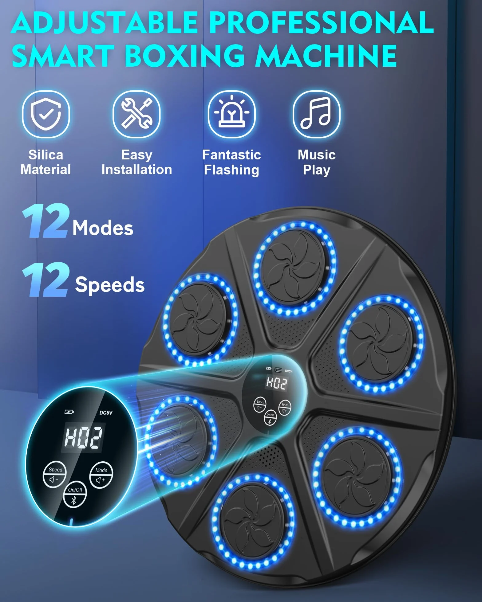 Máquina de Boxeo Musical Adulto 12 Modos Velocidad Boxeador Pared Guantes Bluetooth Recuento Inteligente Luces Ritmo