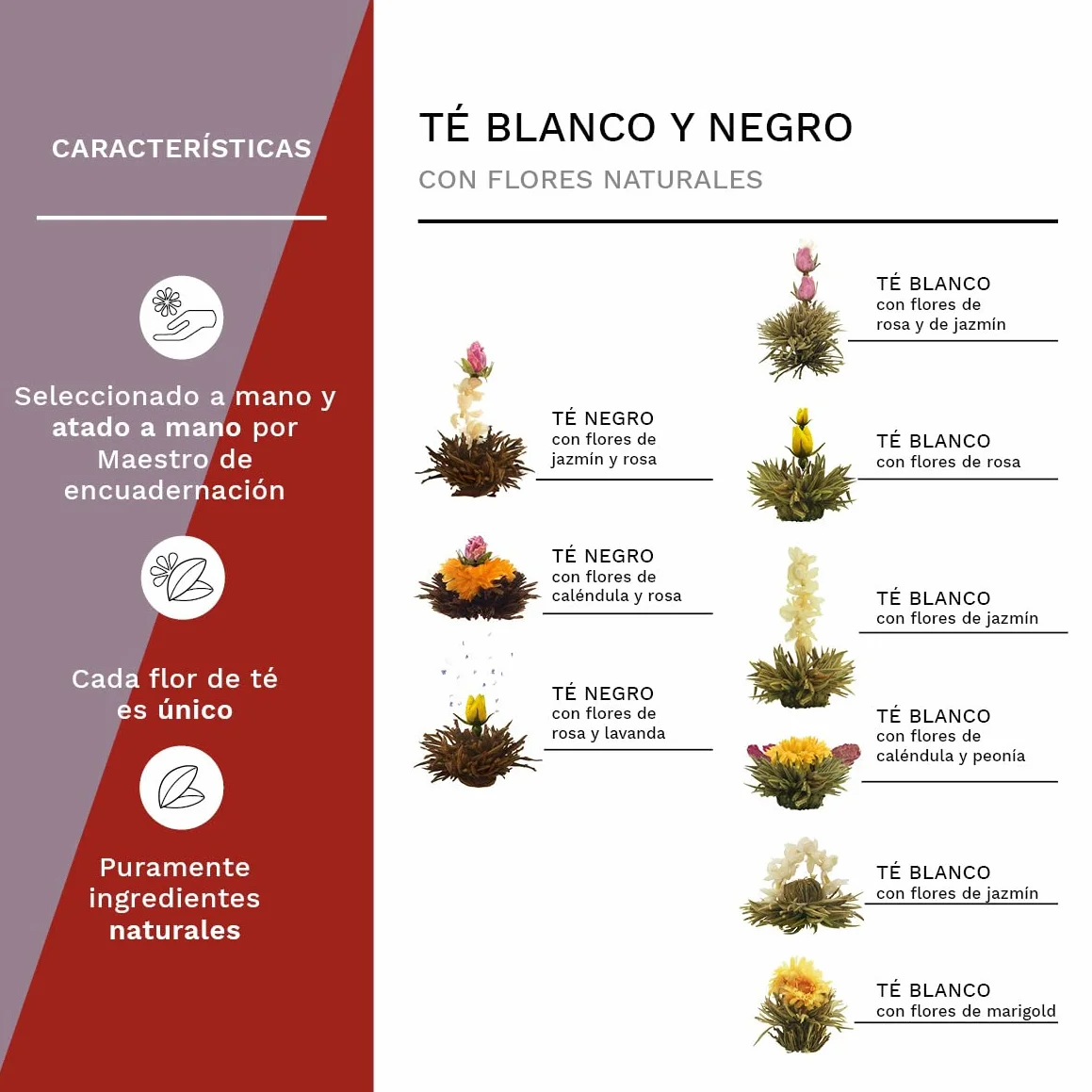 Creano Flores de Té Mix 12 uds Cofre de Madera 9 Variedades Té Blanco y Negro Regalo Sostenible Elegante para Mujer