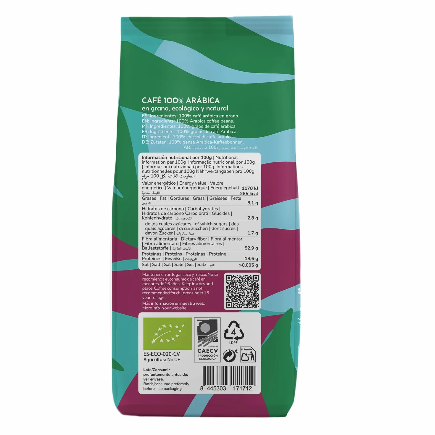Café Grano Ecológico 100% Arábica 1 kg Pack 3x bio premium sabor suave y afrutado
