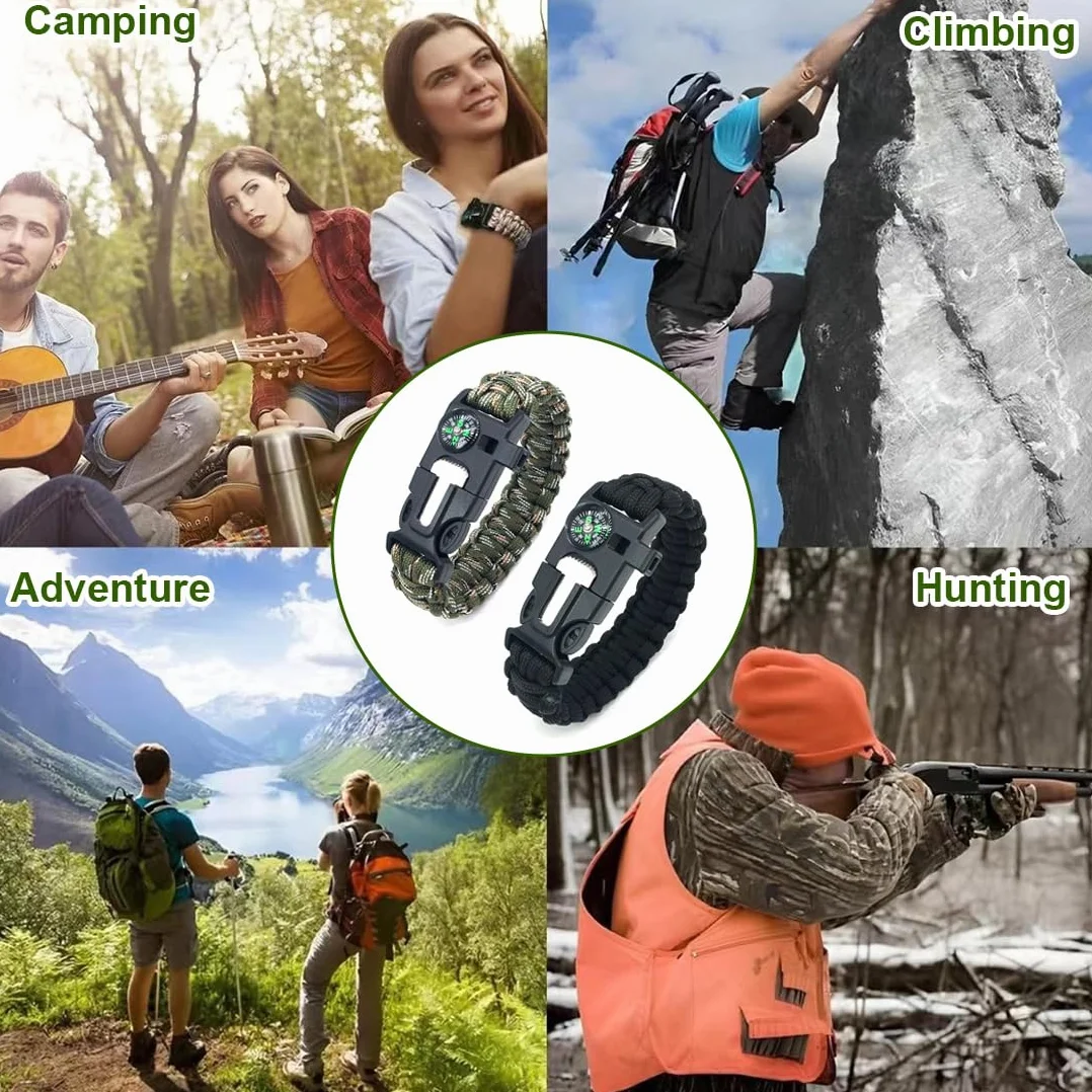 Brazalete Paracord Kit Supervivencia 2PCS Pulsera Paracord Iniciador Fuego Cuchillo Silbato Camuflaje
