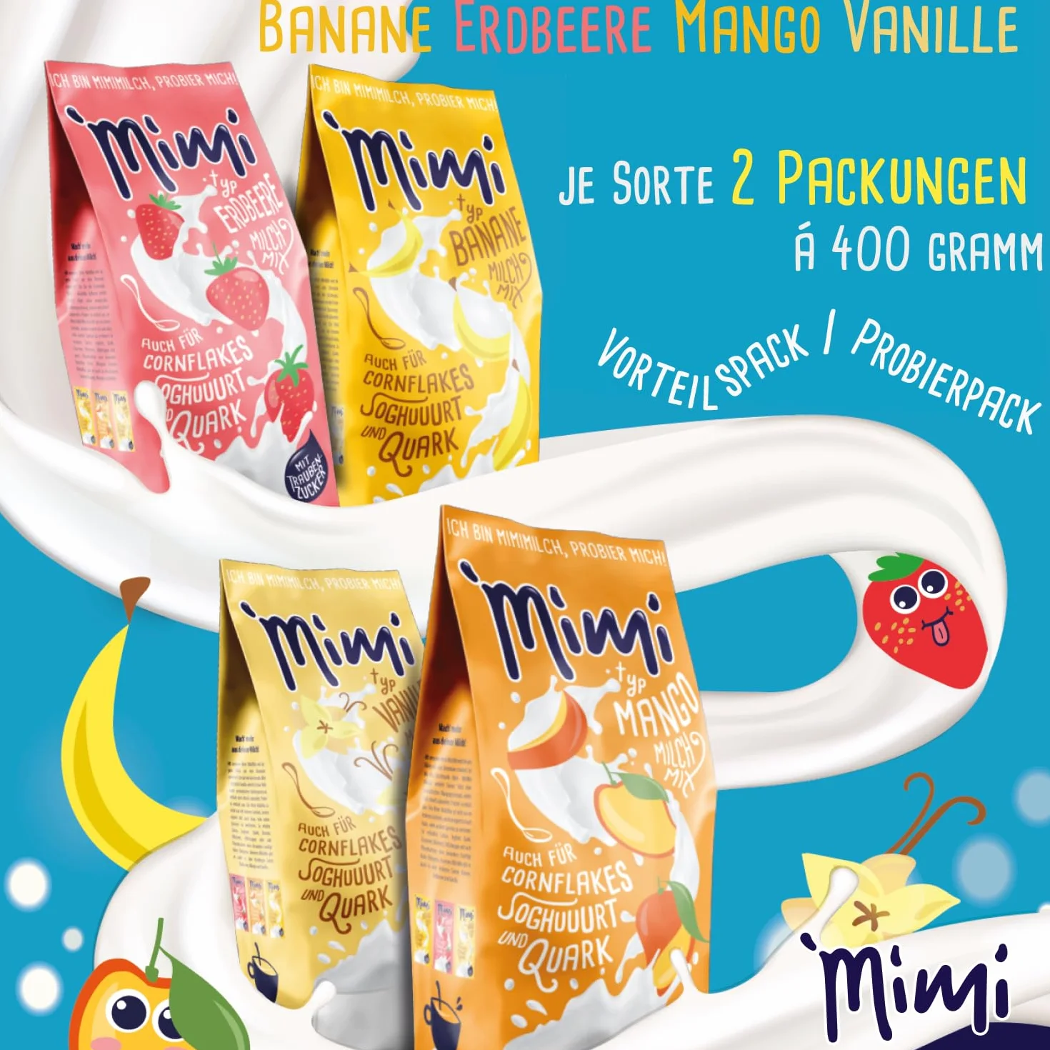 Mimi - Pack de 8 mezclas de leche en polvo (2 paquetes de 400 g cada uno), diseño de plátano, fresa, mango y vainilla, ideal para el tiempo libre, la escuela o para llevar para cualquier excursión
