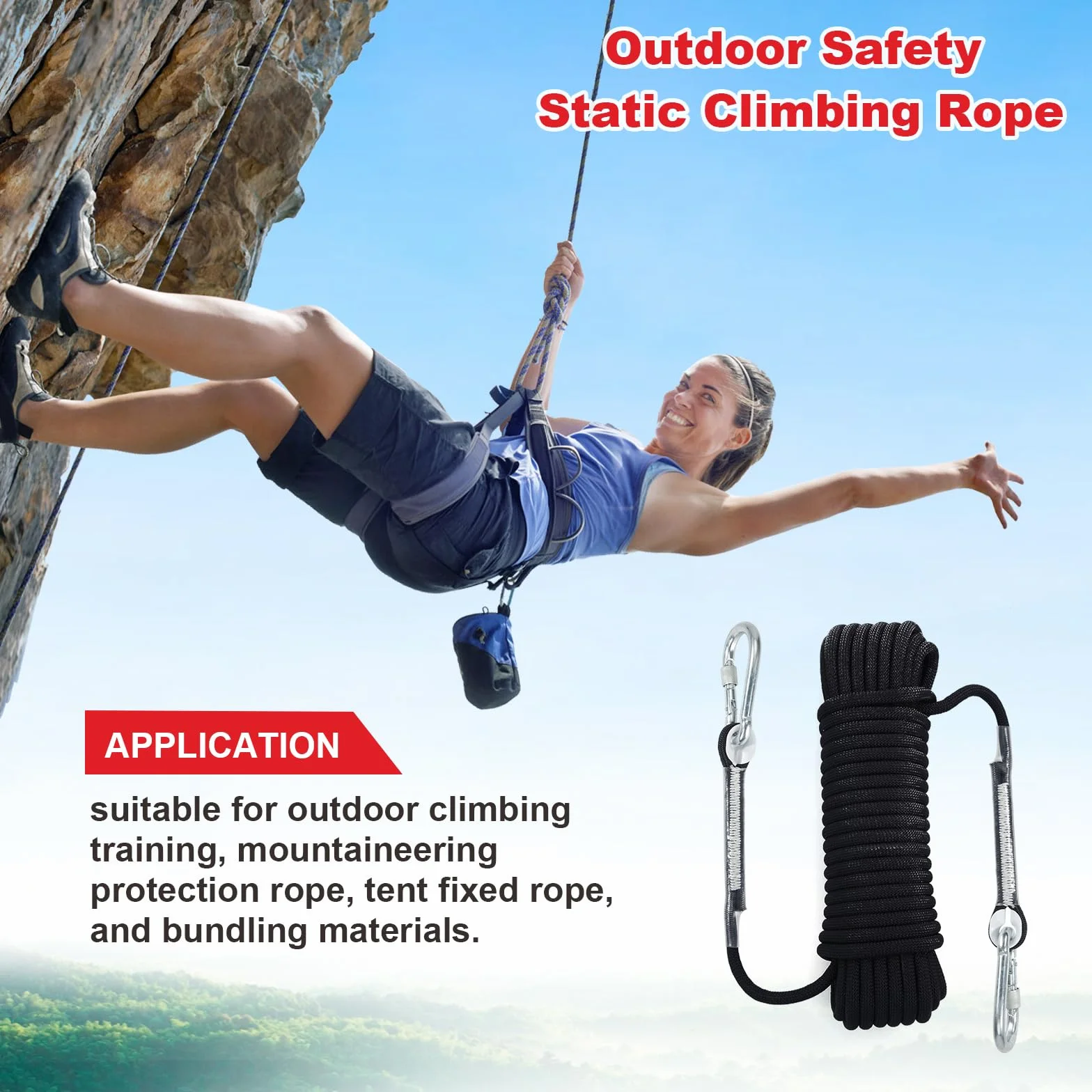 Cuerda de Escalada Estática 8mm con Mosquetones, Cuerda de Nailon Trenzada 10M