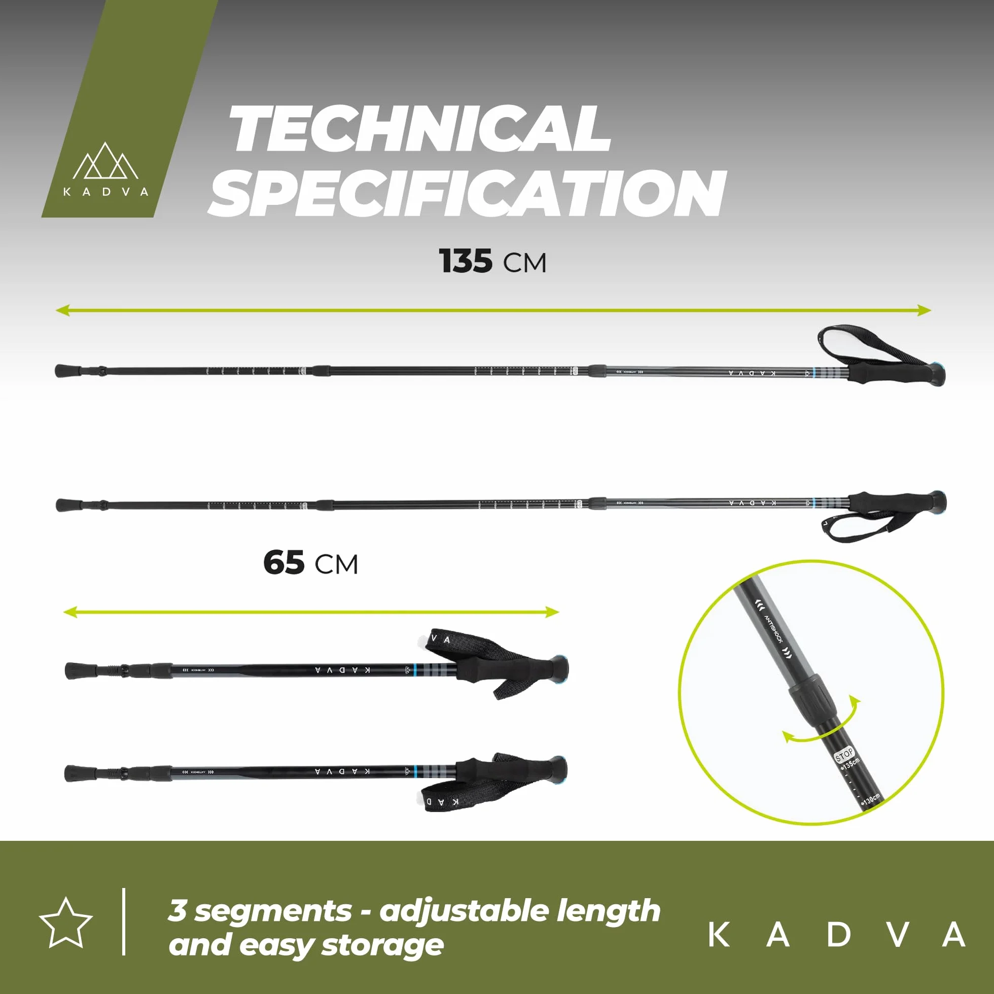 KADVA Bastones de Trekking SAJAMA Azul Ajustable 65-135 cm Mango Polipropileno TPR Espuma EVA Aluminio Resistentes