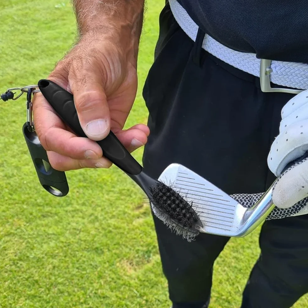 Cepillo Limpiador de Palos de Golf 3 Piezas con Mosquetón Retráctil Afilador de Ranuras 6 Cabezales Negro