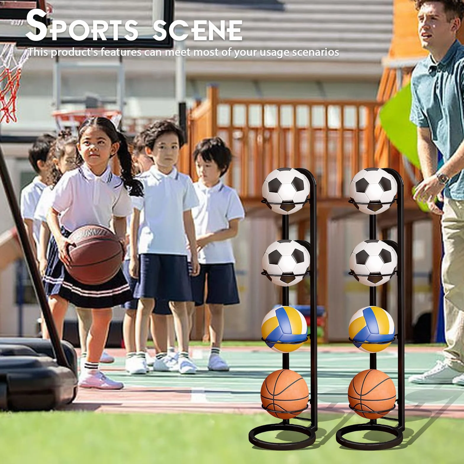 Estantería de 4 niveles para balones, soporte metálico para baloncesto, fútbol y voleibol