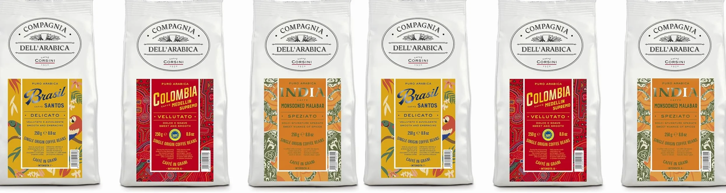 Caffè Corsini - Café en Grano 3x250g Compagnia Dell’Arabica Mix Brasil/Colombia/India, Mono Origen, 750g en Total. (Paquete de 2)