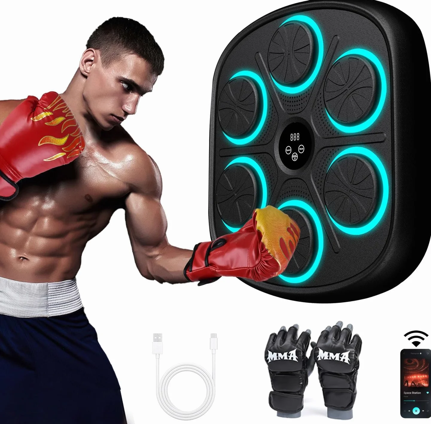 Máquina de Boxeo Musical de Pared 9 Velocidades Bluetooth con Recuento de Golpes y Guantes