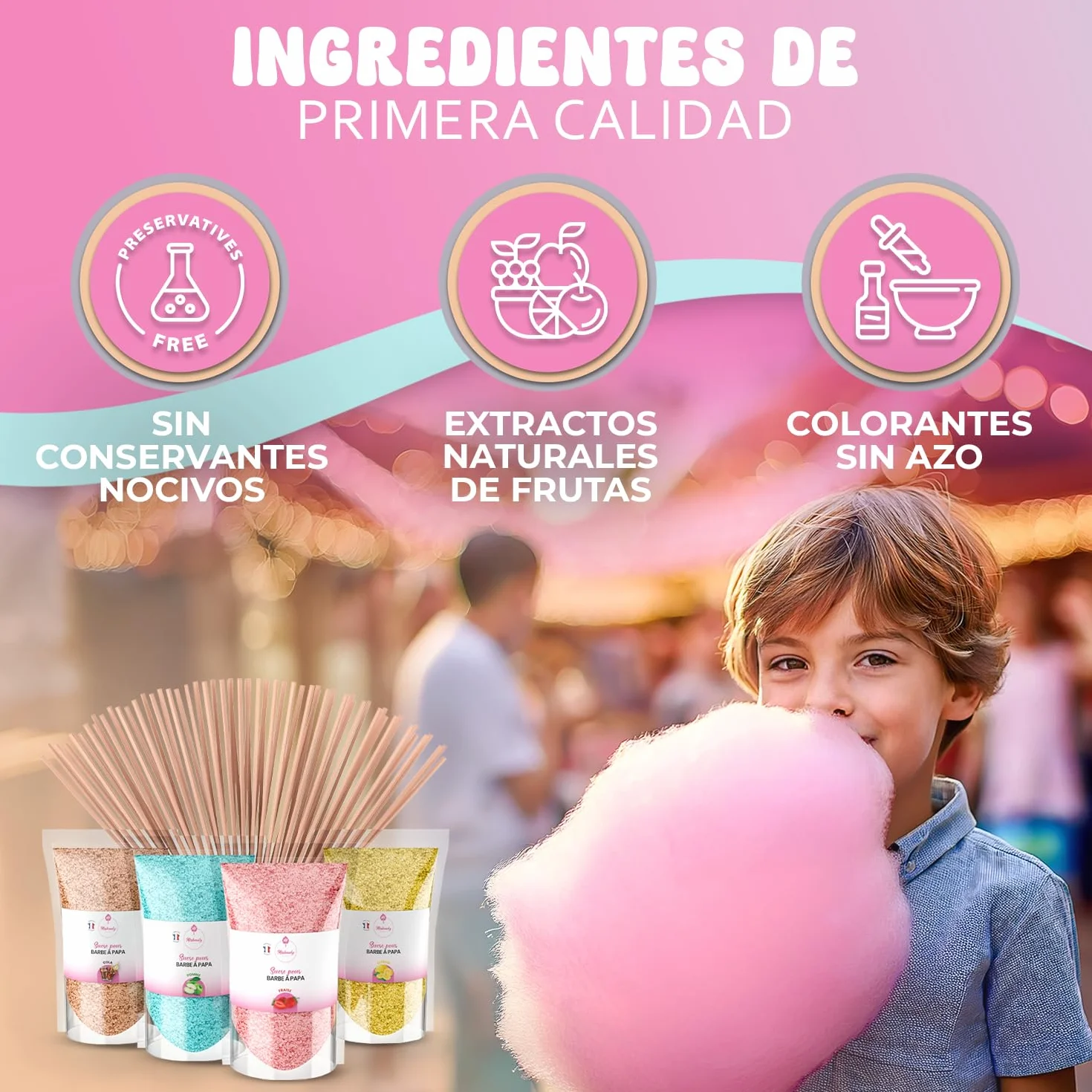 Misskandy® algodón de azúcar para máquina- Pack de 4 * 160Gr - (Sabores Naturales): Sabores: Fresa/Manzana/Cola/Limón + 50 palitos (gratis)