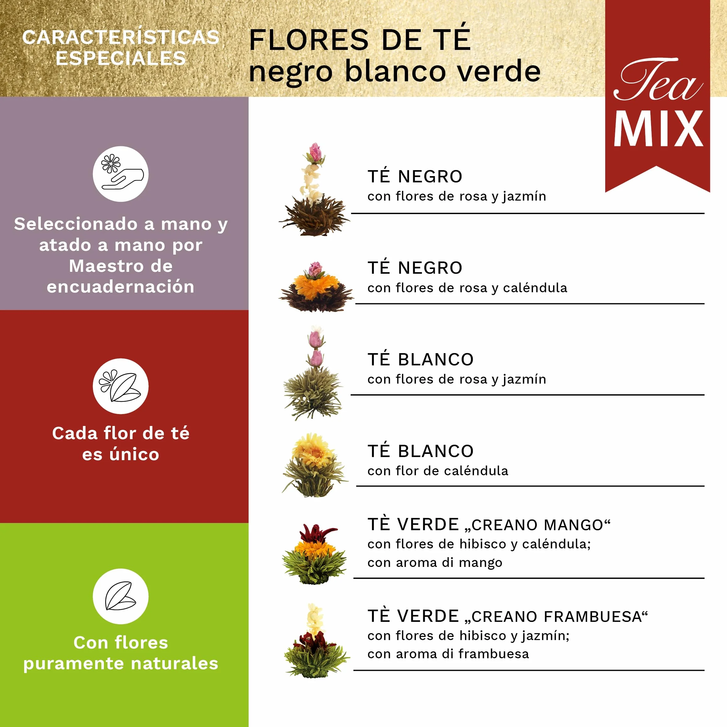 Creano Cofre de Oro Mezcla Flores de Té 6 uds Tetera de Vidrio 500ml Antigoteo Blanco, Verde y Negro