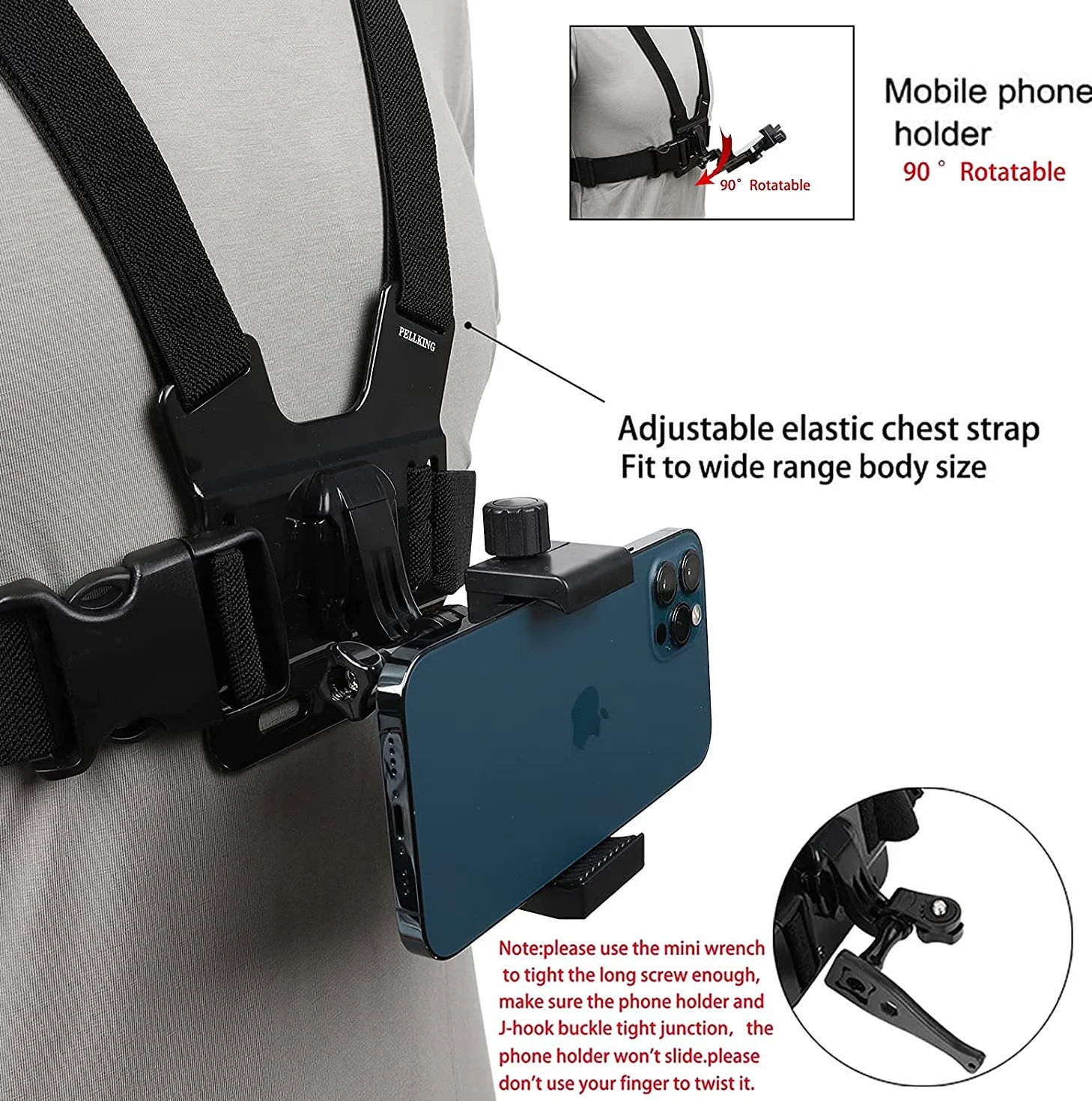 PellKing Soporte para teléfono móvil con arnés de Montaje en el Pecho, Correa para teléfono Celular