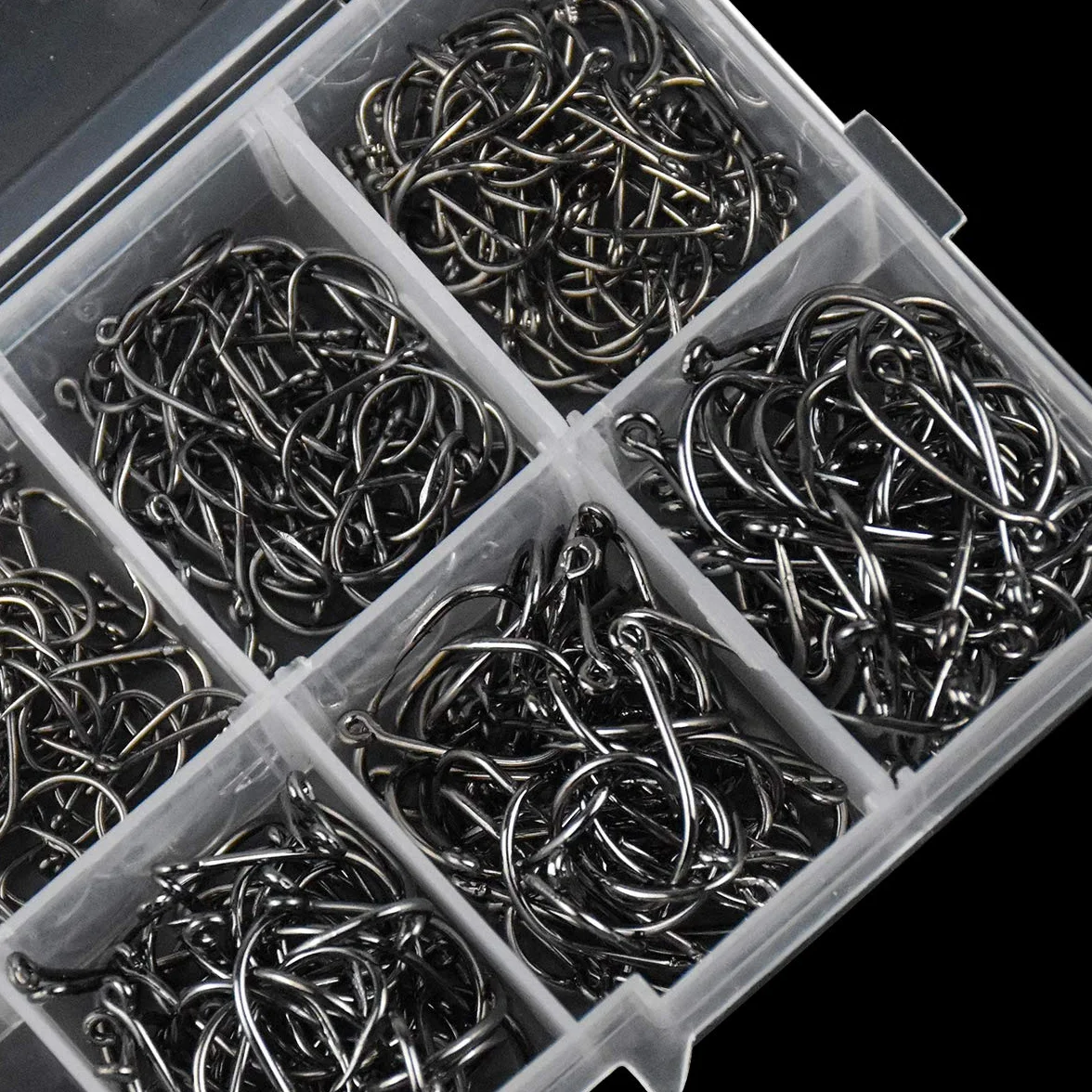 Anzuelos de Pesca 500pcs Acero al Carbono 10 Tamaños con Caja de Plástico para Agua Salada y Dulce