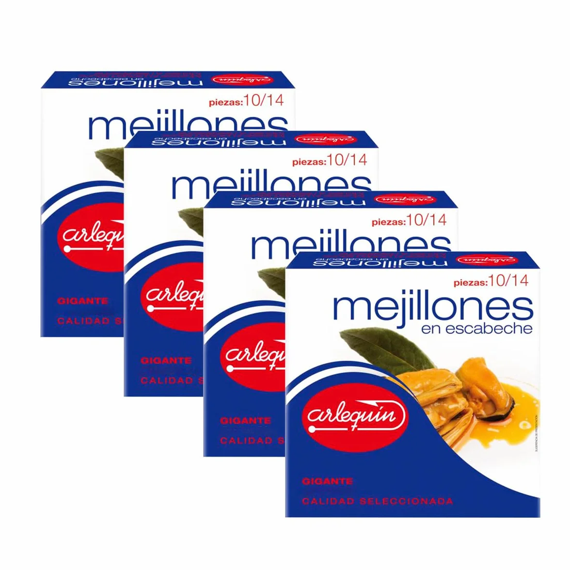 ARLEQUIN Mejillón en Escabeche, Tamaño Gigante, Pack de 4 Latas de 280 grs. y 10/14 Unds (1120 grs y 40/56 Unds)