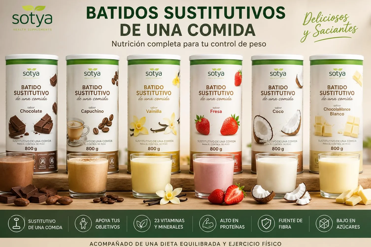 Sotya Batido Sustitutivo de Comida Pack 3 Sabores Fresa Vainilla y Yogur de Piña con Proteínas Vitaminas y Minerales para Control de Peso