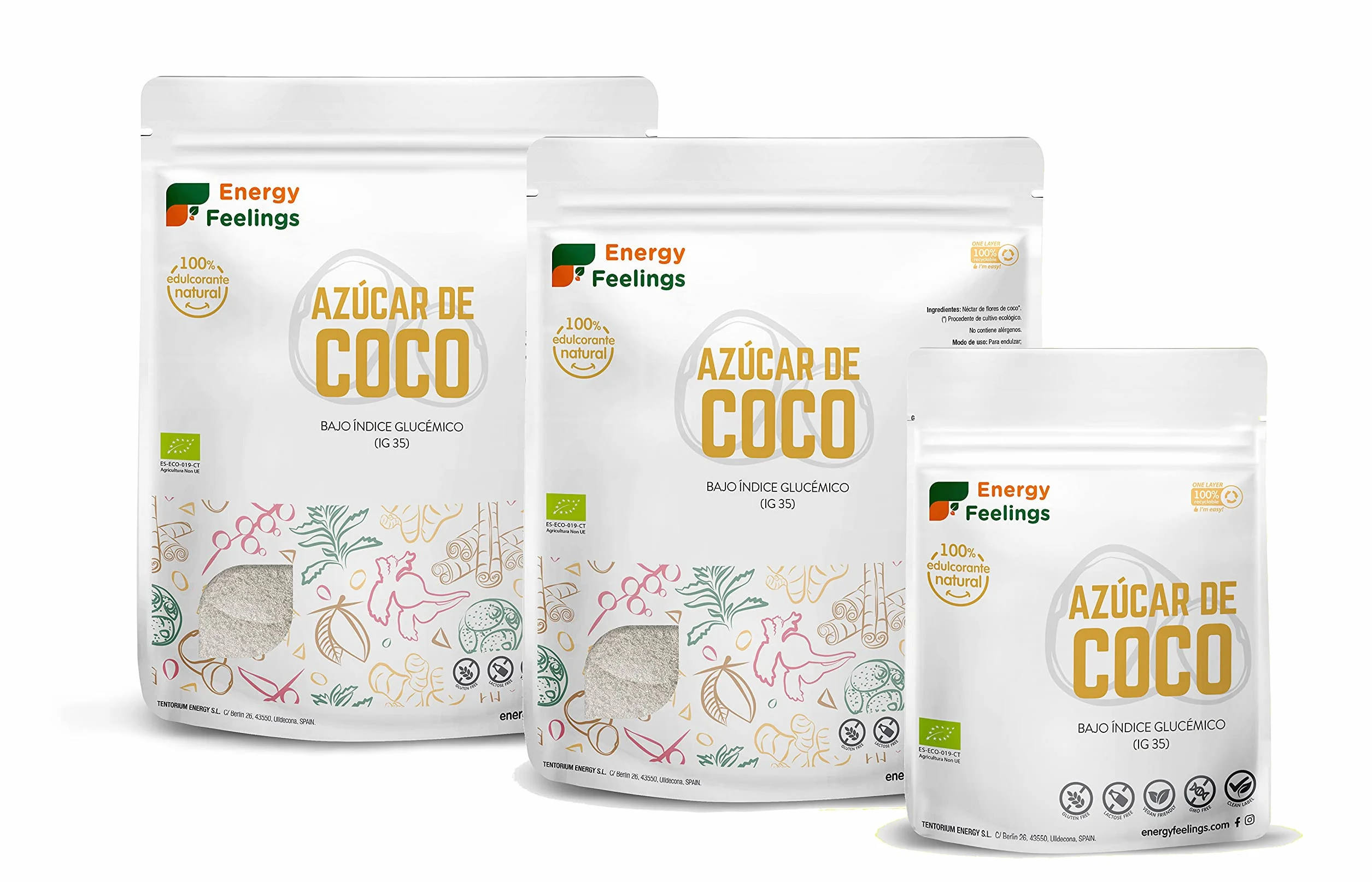 Energy Feelings Azúcar de Coco ECO - 1000 gr, Vegano, Ecológico y Natural, Ligero Sabor a Caramelo, Rico en Vitaminas, Glutamina, Potasio, Hierro y Magnesio, Apto para Control de Peso, Pack XXL