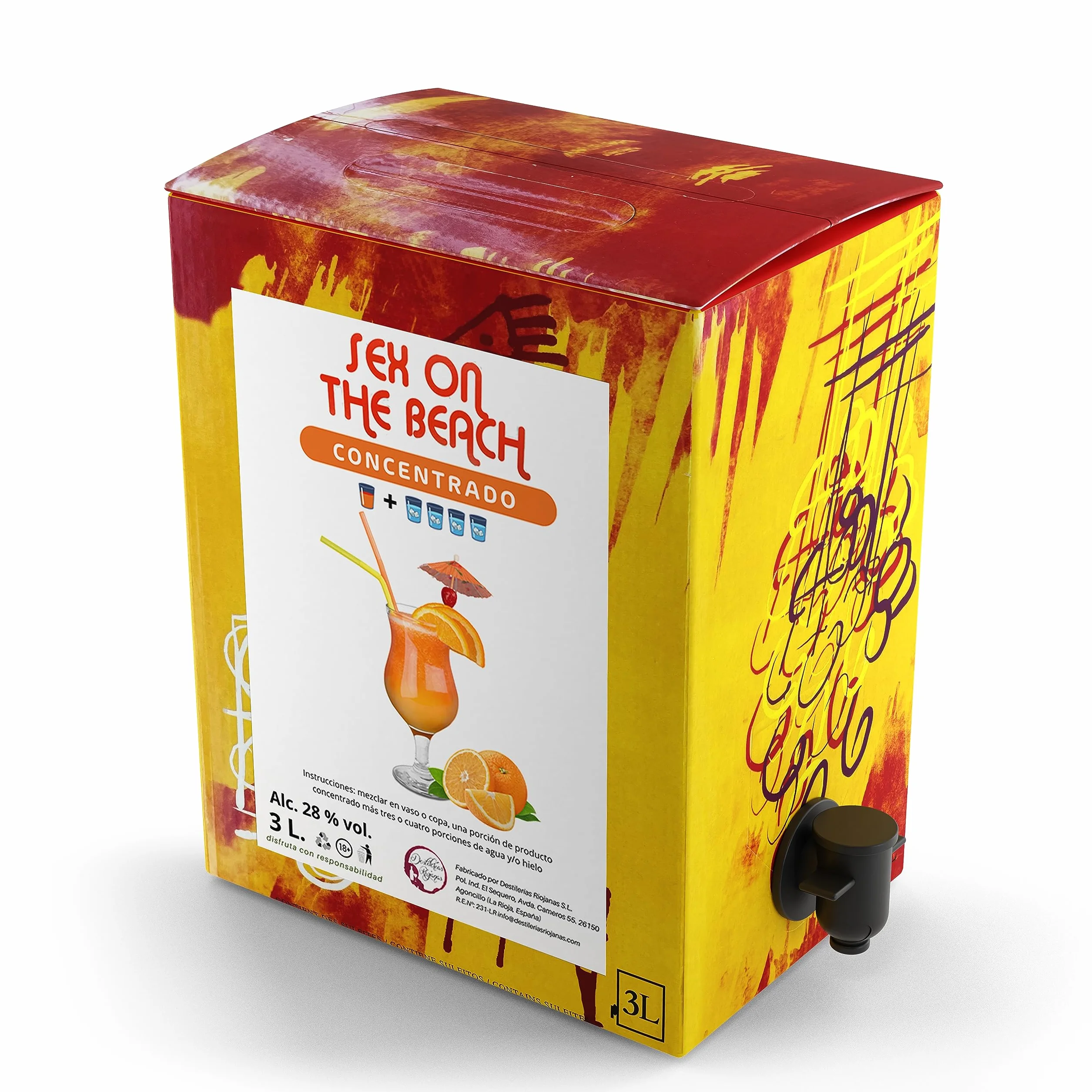 Concentrado Cóctel Sex On The Beach Bag en Box 3,3 Kg (3L) 28% Vol. Rinde 15L o más de 50 vasos diluído en Agua y Hielo. Un Cocktail Más Rentable y Rápido en Menos Espacio. Por Destilerías Riojanas