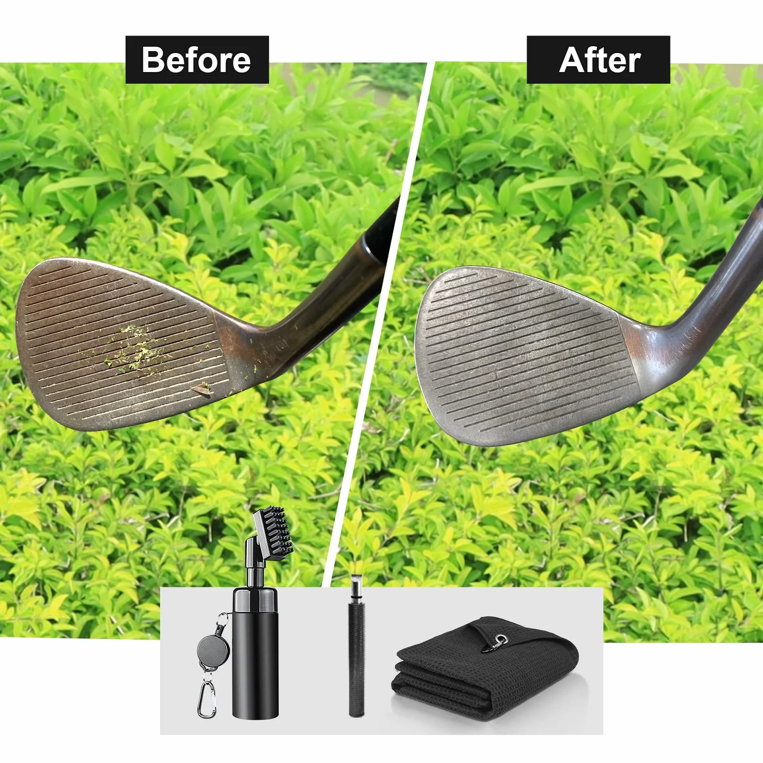 Kit de limpieza para palos de golf con afilador de ranura, toalla, cepillo de agua con botella spray y clip retráctil