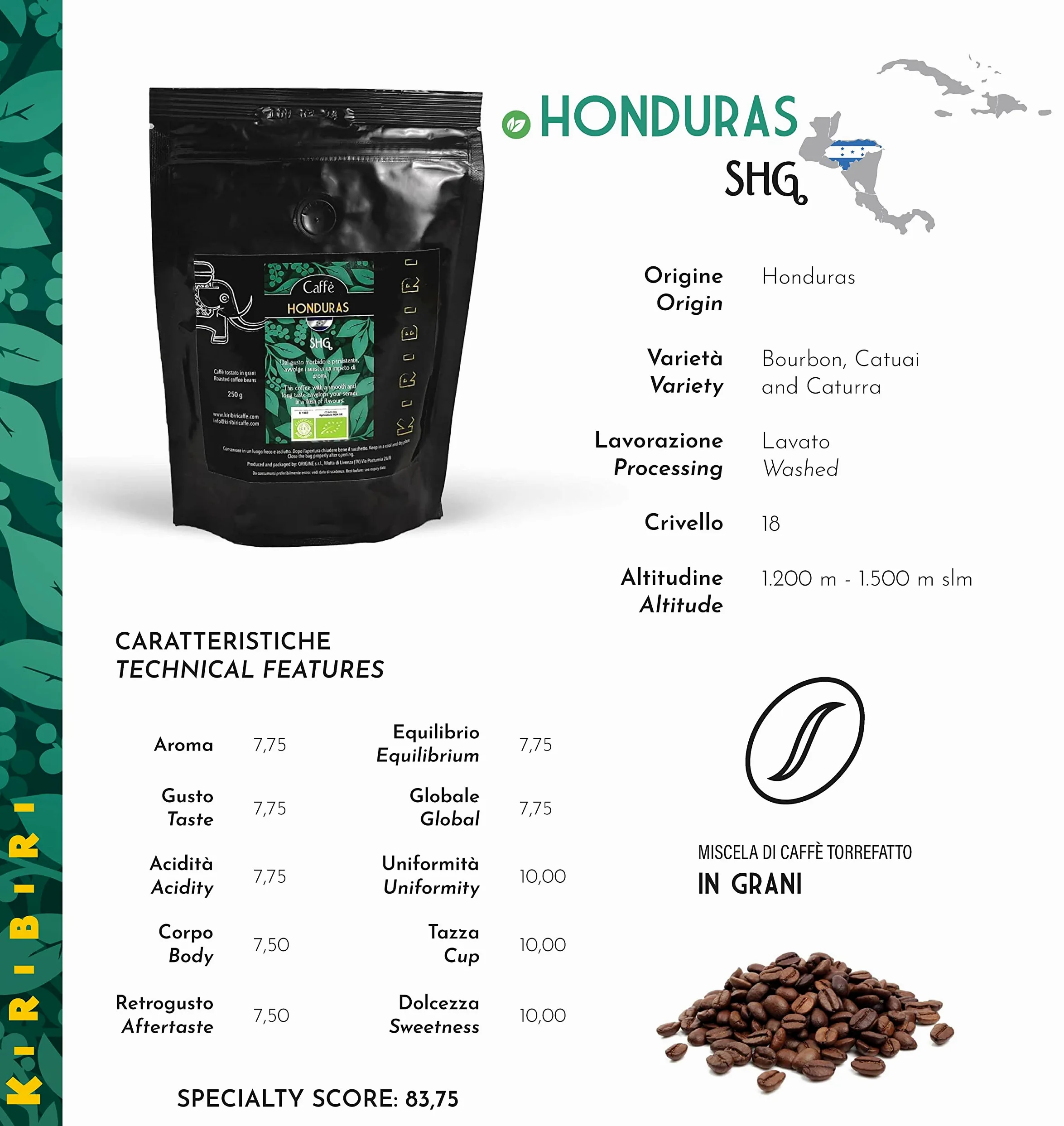 KIRIBIRI Café Especial de Origen 100% Arábica - Brasil, Guatemala, Honduras Orgánico, Kenia (4 x 250g Café en granos)