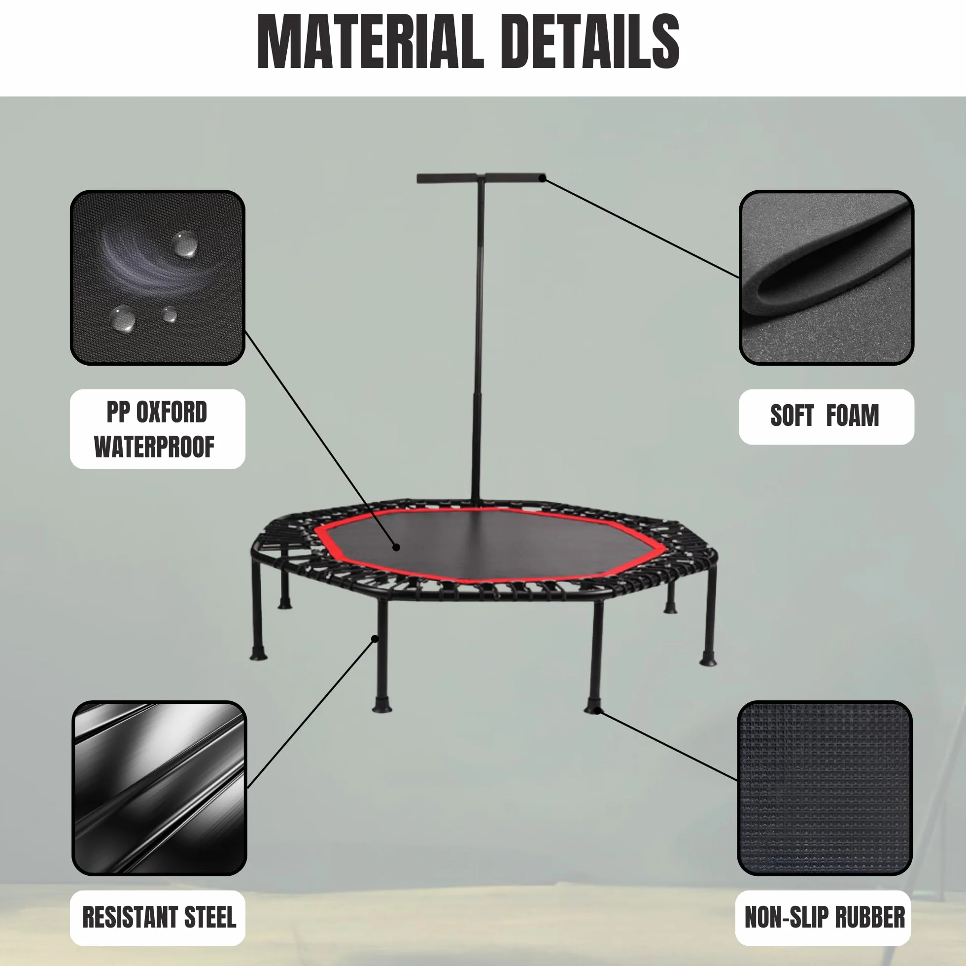 Trampolín Fitness Plegable Silencioso Ø90cm Octogonal con Apoyabrazos Ajustable para Adultos y Niños