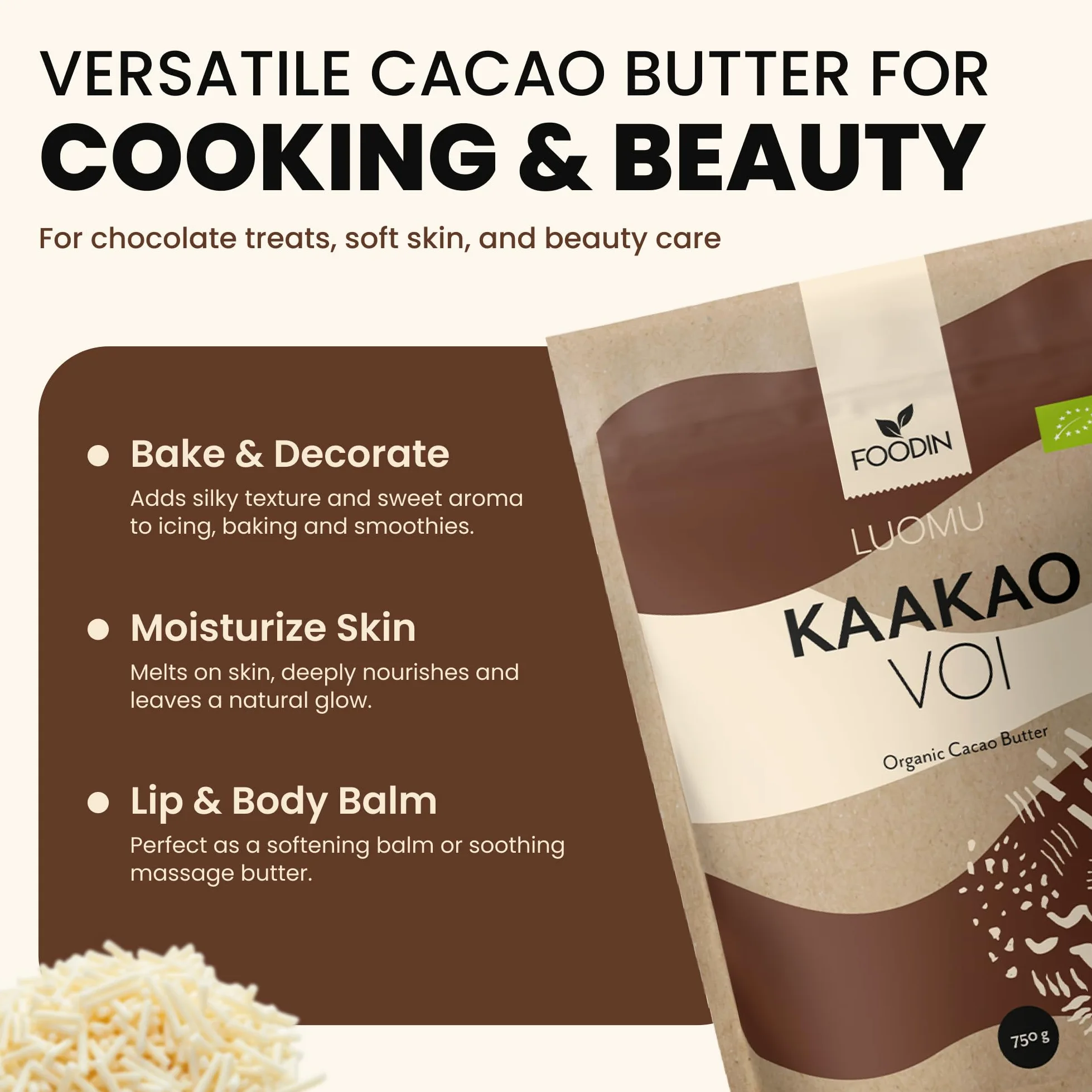 FOODIN Manteca de cacao ecológica — Kakaobutter pura para cuidado de la piel – Ideal para repostería, postres y cocina – Aroma suave y nutritivo – 750 g