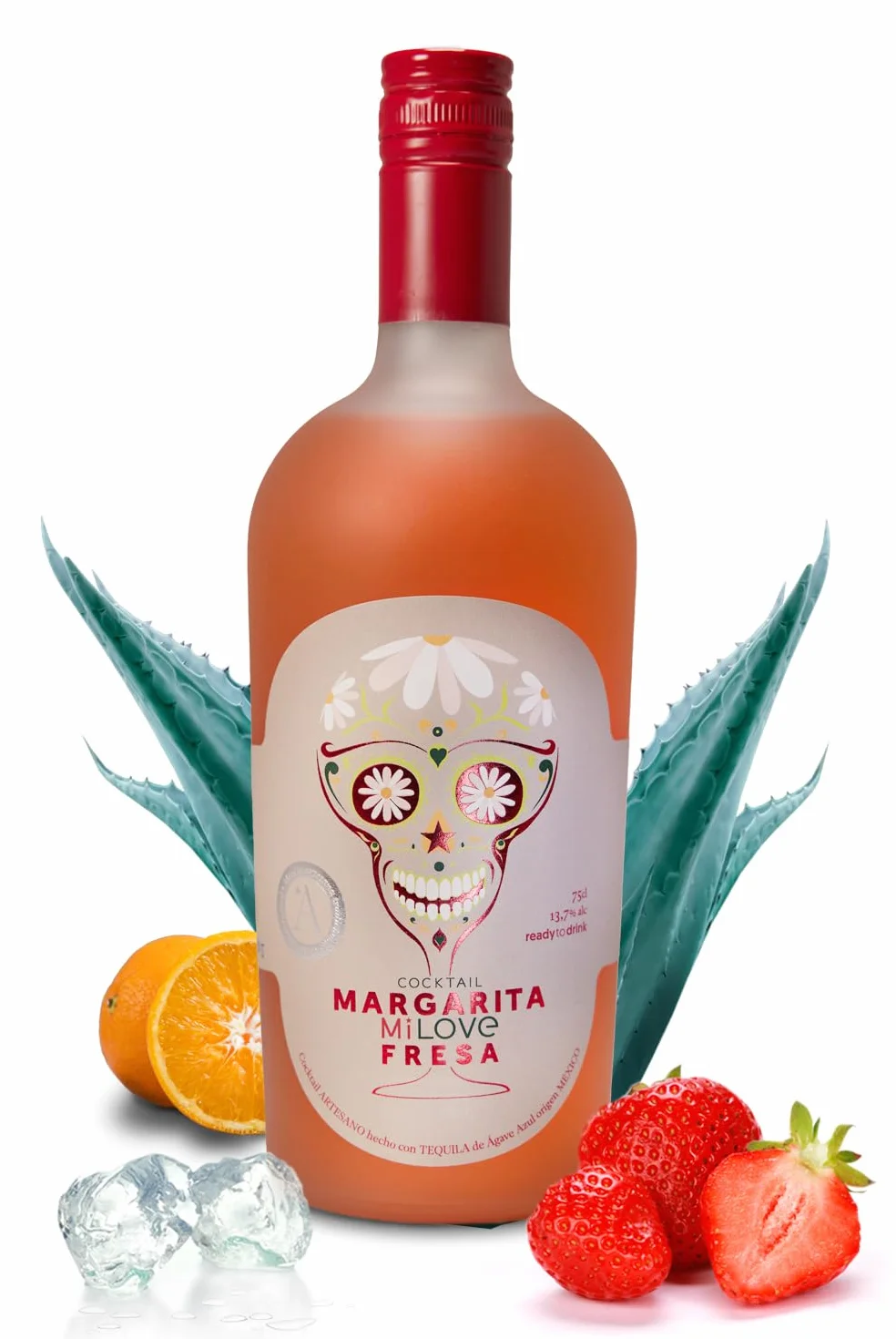 MiLove Margarita Fresa – Cóctel Premium, artesano y natural, elaborado con tequila Agave azul (México), fresas nacionales, limón mediterráneo, licor triple seco y jarabe simple – 75 cl.